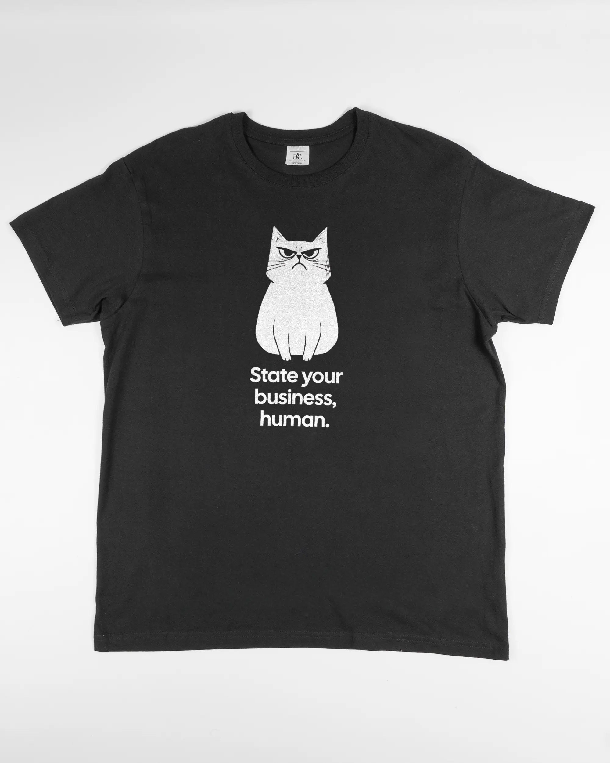 Vorderseite des Basic Unisex T-Shirt Soft von Maondo mit dem Design Grumpy Purr in der Farbe Black und in der Größe L flach auf den Boden gelegt