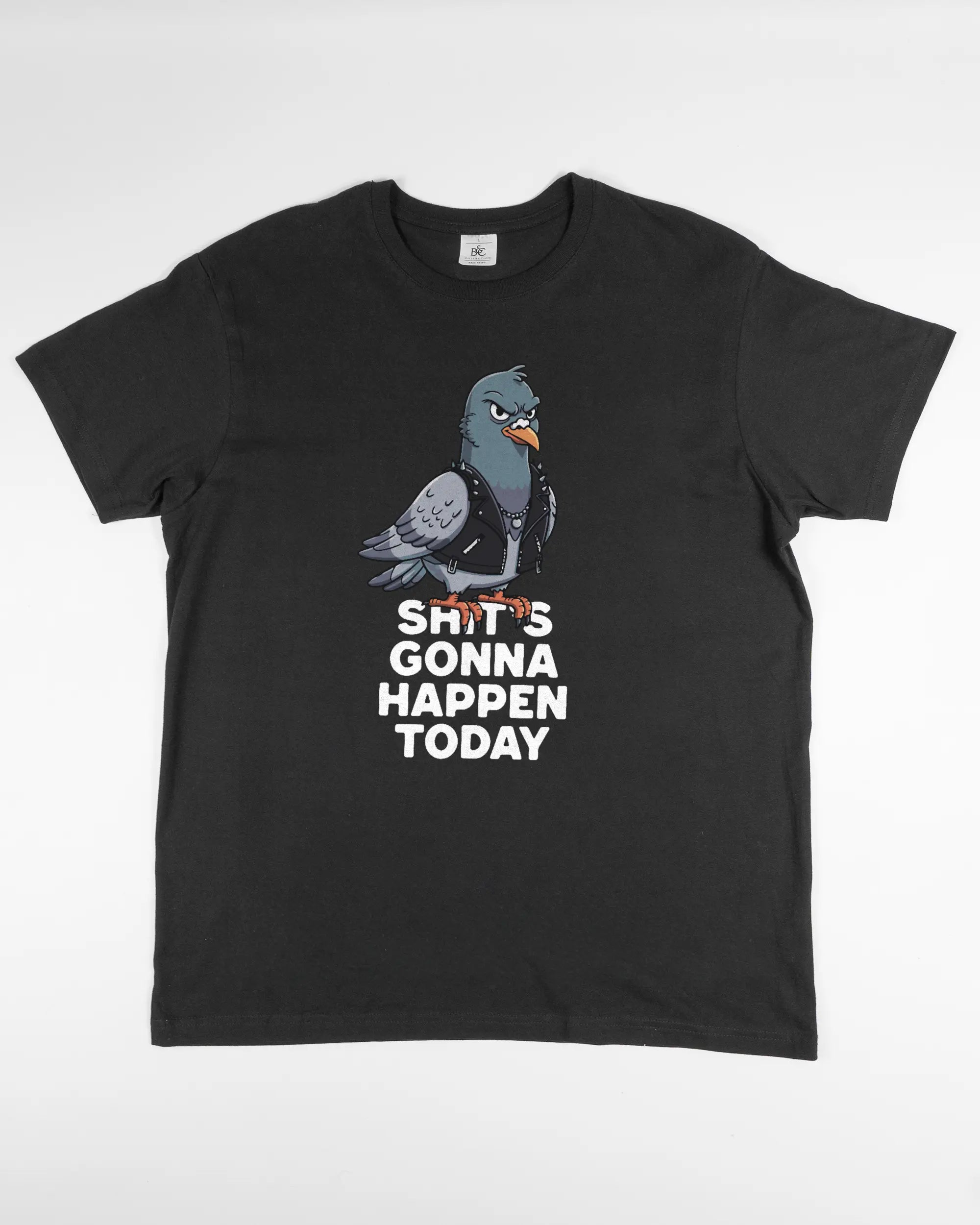 Vorderseite des Basic Unisex T-Shirt Soft von Maondo mit dem Design Pigeon Pun in der Farbe Black und in der Größe L flach auf den Boden gelegt