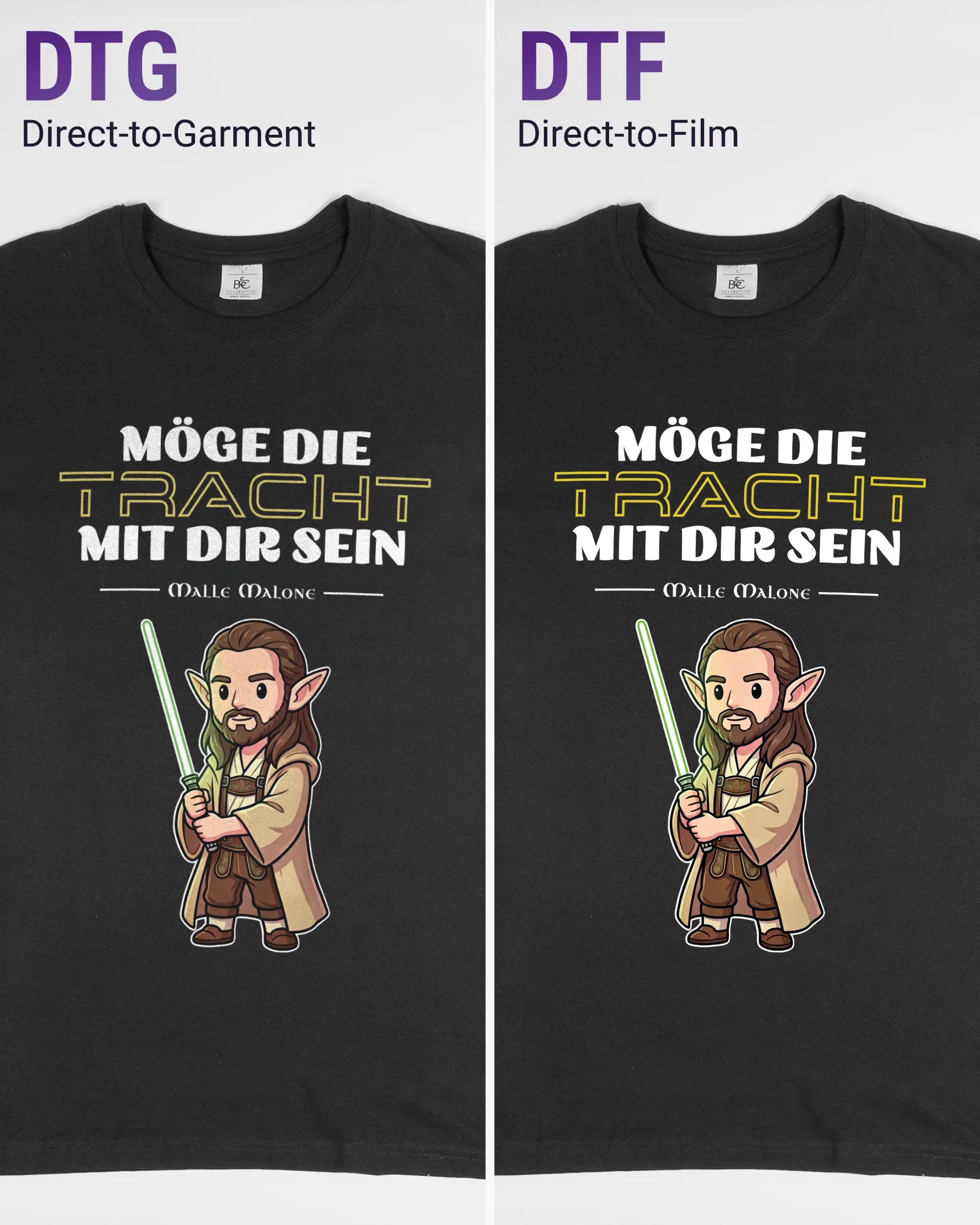 Vergleich der Vorderseiten des Basic Unisex T-Shirt Soft von Maondo mit dem Design Tracht mit dir in der Farbe Black und in der Größe L links mit dem Direct-to-Garment und rechts mit dem Direct-to-Film Verfahren
