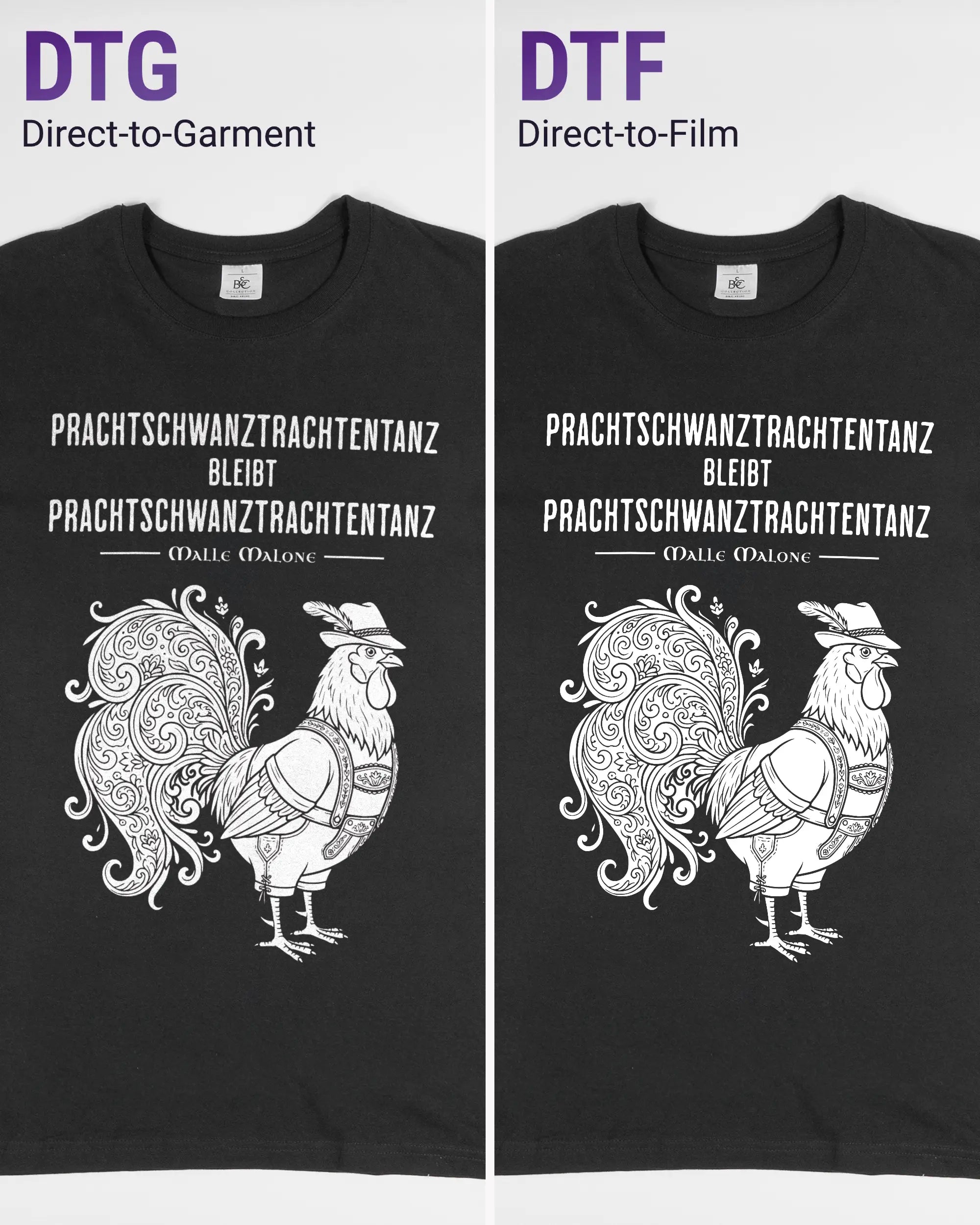 Vergleich der Vorderseiten des Basic Unisex T-Shirt Soft von Maondo mit dem Design Trachtentanz in der Farbe Black und in der Größe L links mit dem Direct-to-Garment und rechts mit dem Direct-to-Film Verfahren