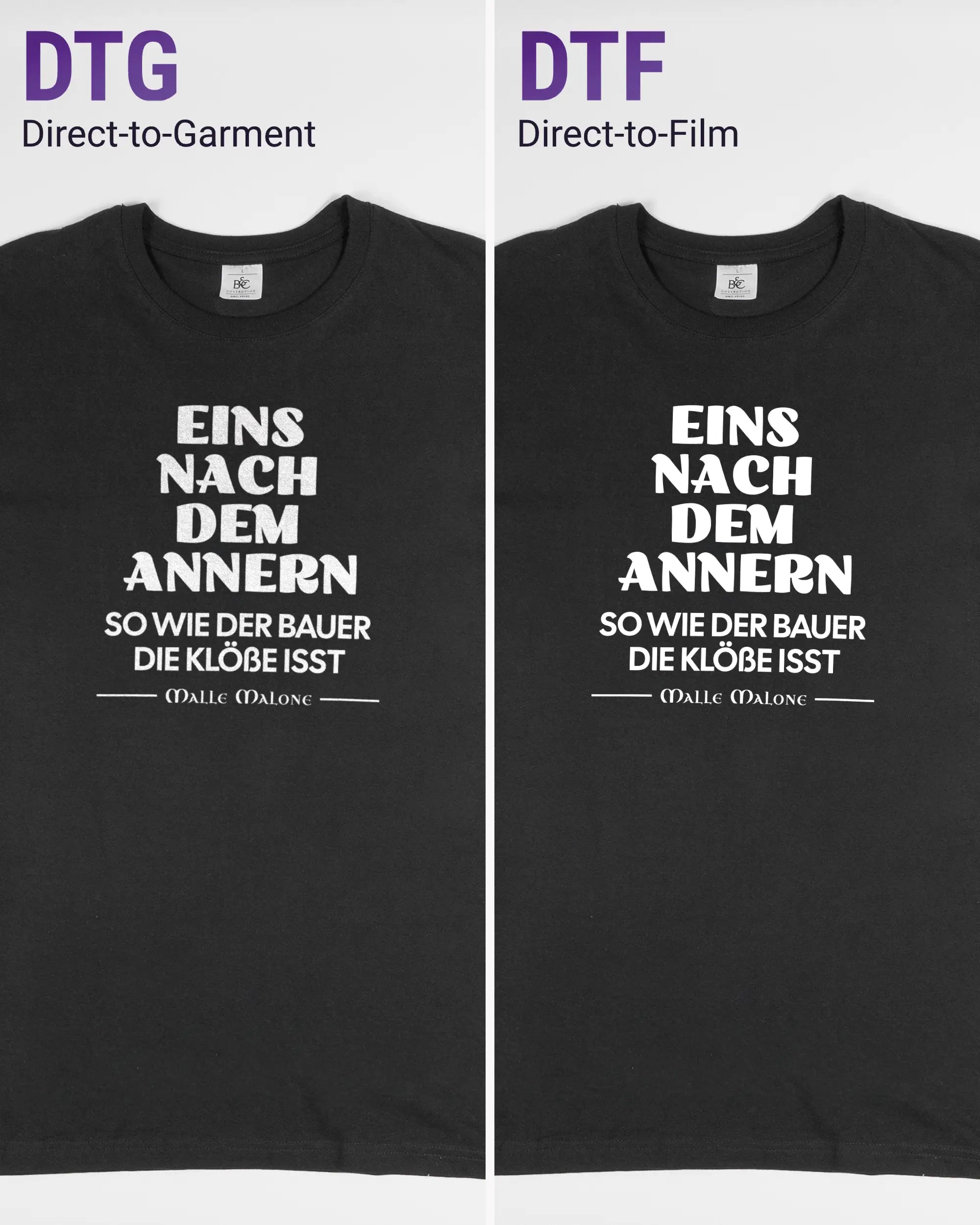 Vergleich der Vorderseiten des Basic Unisex T-Shirt Soft von Maondo mit dem Design Eins nach dem Annern in der Farbe Black und in der Größe L links mit dem Direct-to-Garment und rechts mit dem Direct-to-Film Verfahren