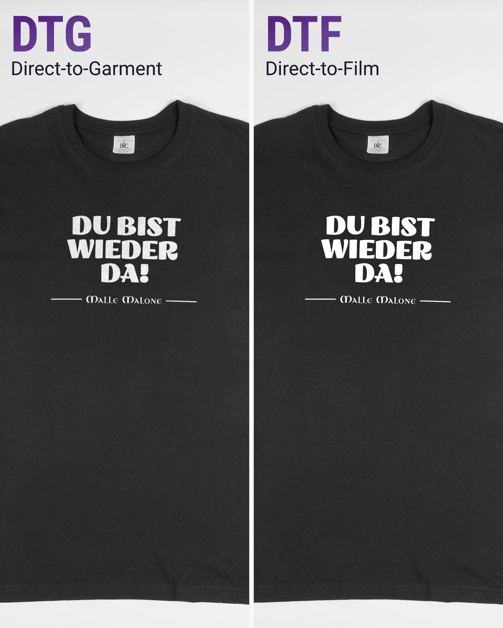 Vergleich der Vorderseiten des Basic Unisex T-Shirt Soft von Maondo mit dem Design Wieder da in der Farbe Black und in der Größe L links mit dem Direct-to-Garment und rechts mit dem Direct-to-Film Verfahren