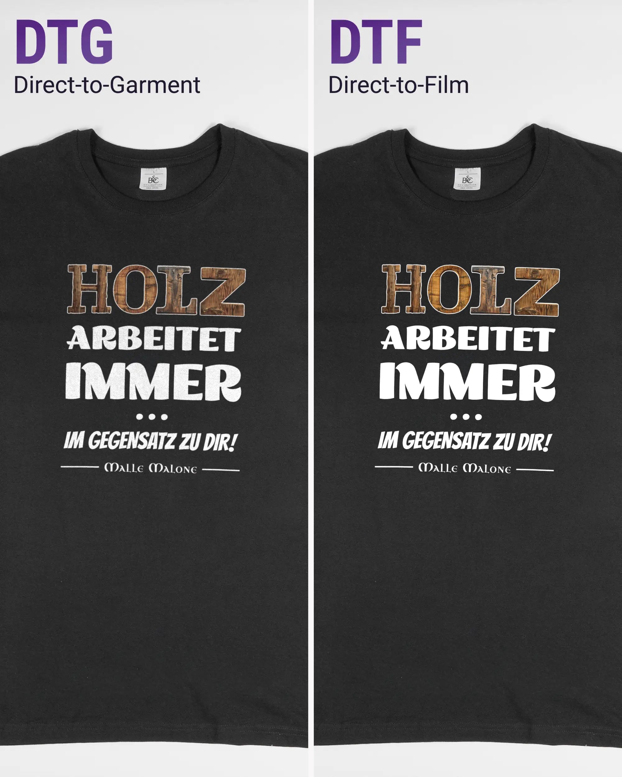 Vergleich der Vorderseiten des Basic Unisex T-Shirt Soft von Maondo mit dem Design Holzarbeit in der Farbe Black und in der Größe L links mit dem Direct-to-Garment und rechts mit dem Direct-to-Film Verfahren