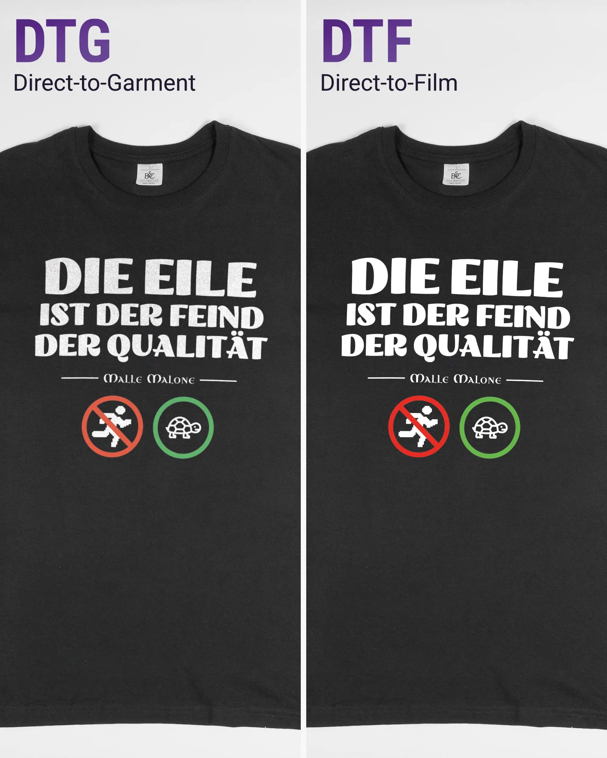 Vergleich der Vorderseiten des Basic Unisex T-Shirt Soft von Maondo mit dem Design Keine Eile in der Farbe Black und in der Größe L links mit dem Direct-to-Garment und rechts mit dem Direct-to-Film Verfahren