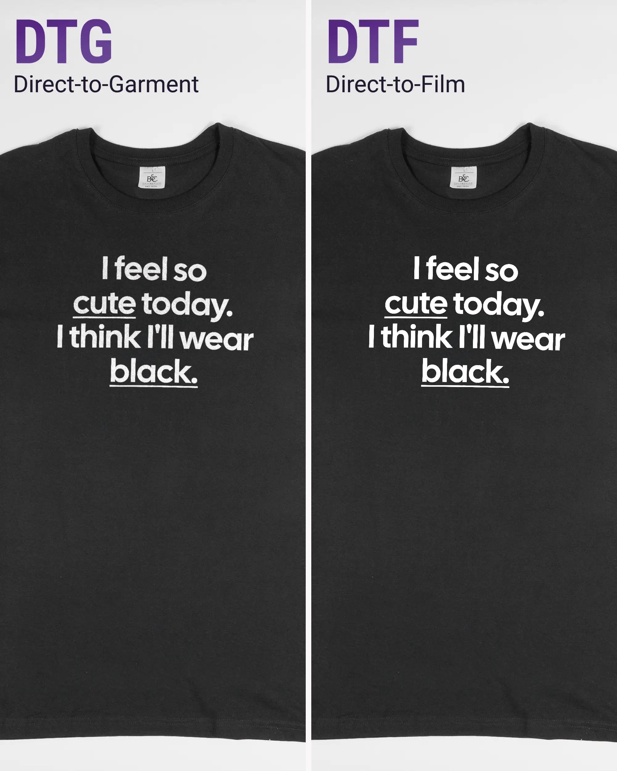 Vergleich der Vorderseiten des Basic Unisex T-Shirt Slim von Maondo mit dem Design Colorful Day in der Farbe Black und in der Größe L links mit dem Direct-to-Garment und rechts mit dem Direct-to-Film Verfahren