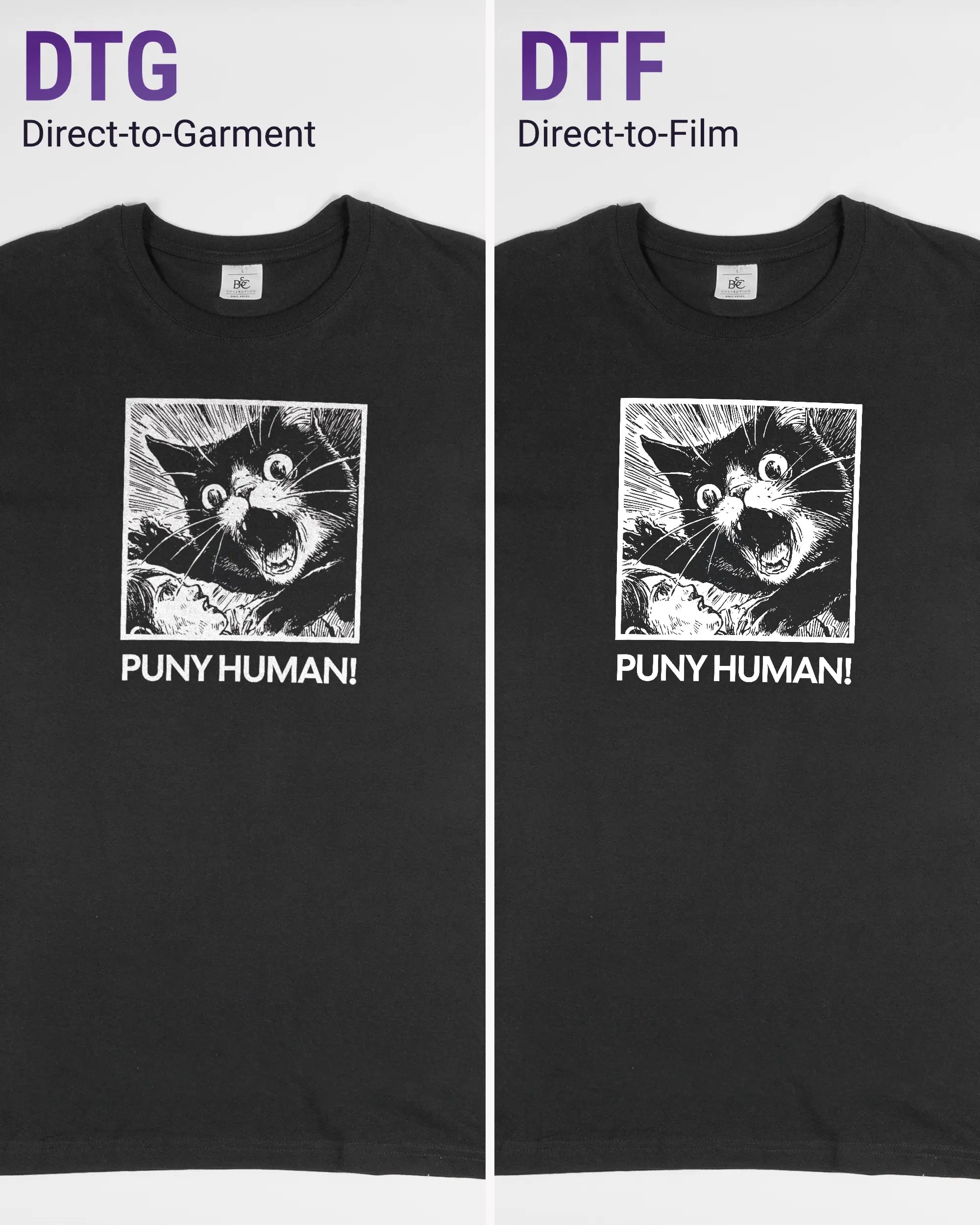 Vergleich der Vorderseiten des Basic Unisex T-Shirt Soft von Maondo mit dem Design Puny Human in der Farbe Black und in der Größe L links mit dem Direct-to-Garment und rechts mit dem Direct-to-Film Verfahren