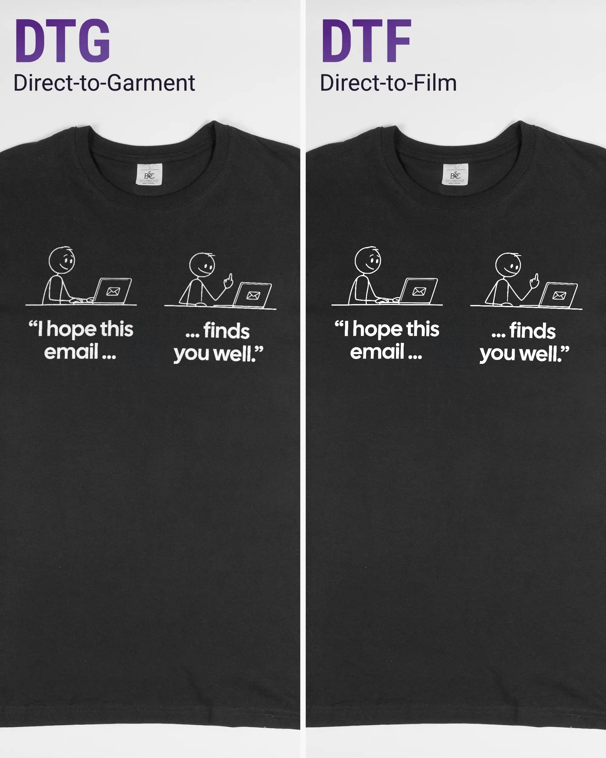 Vergleich der Vorderseiten des Basic Unisex T-Shirt Soft von Maondo mit dem Design Found me not well in der Farbe Black und in der Größe L links mit dem Direct-to-Garment und rechts mit dem Direct-to-Film Verfahren