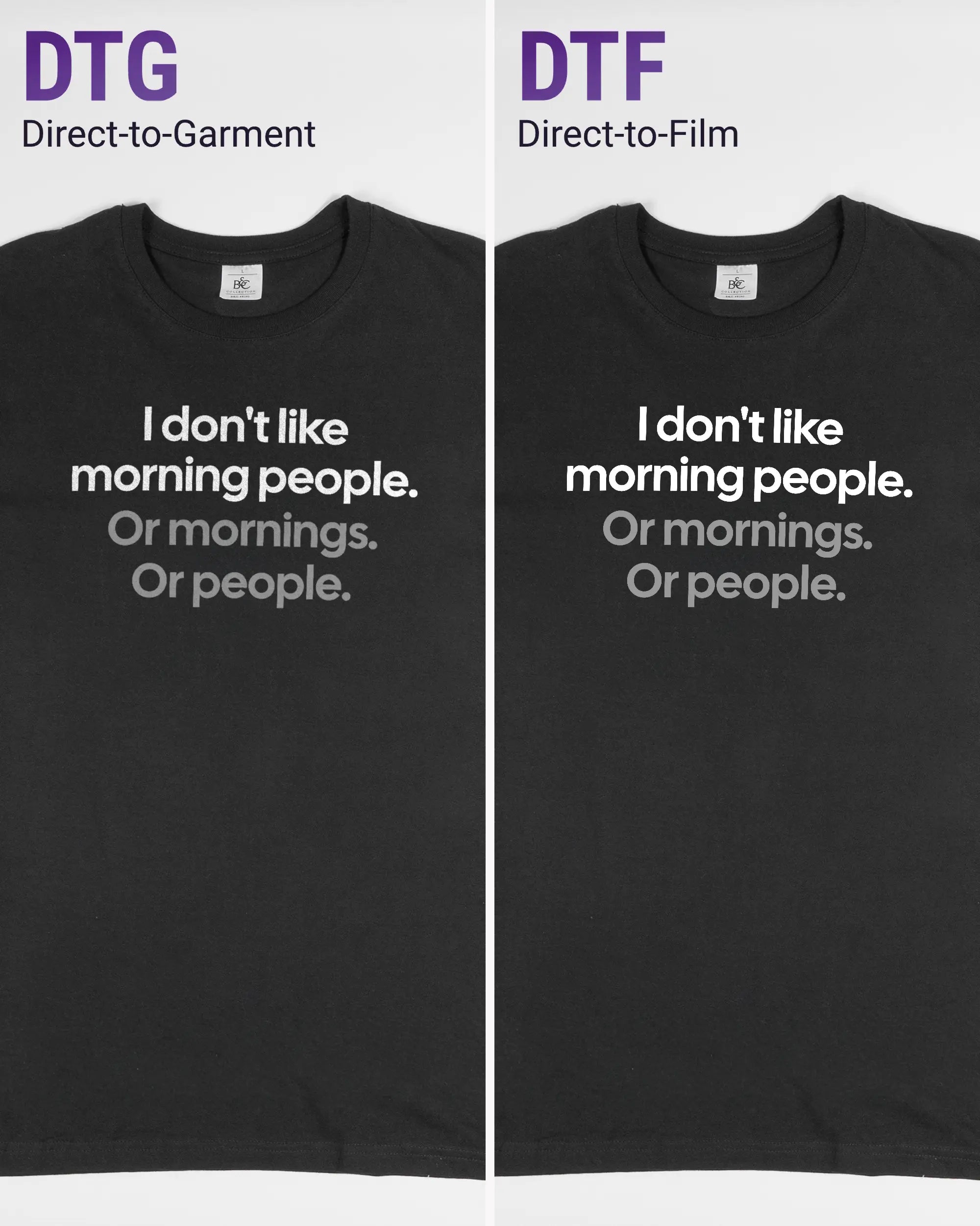 Vergleich der Vorderseiten des Basic Unisex T-Shirt Soft von Maondo mit dem Design Morning Person in der Farbe Black und in der Größe L links mit dem Direct-to-Garment und rechts mit dem Direct-to-Film Verfahren