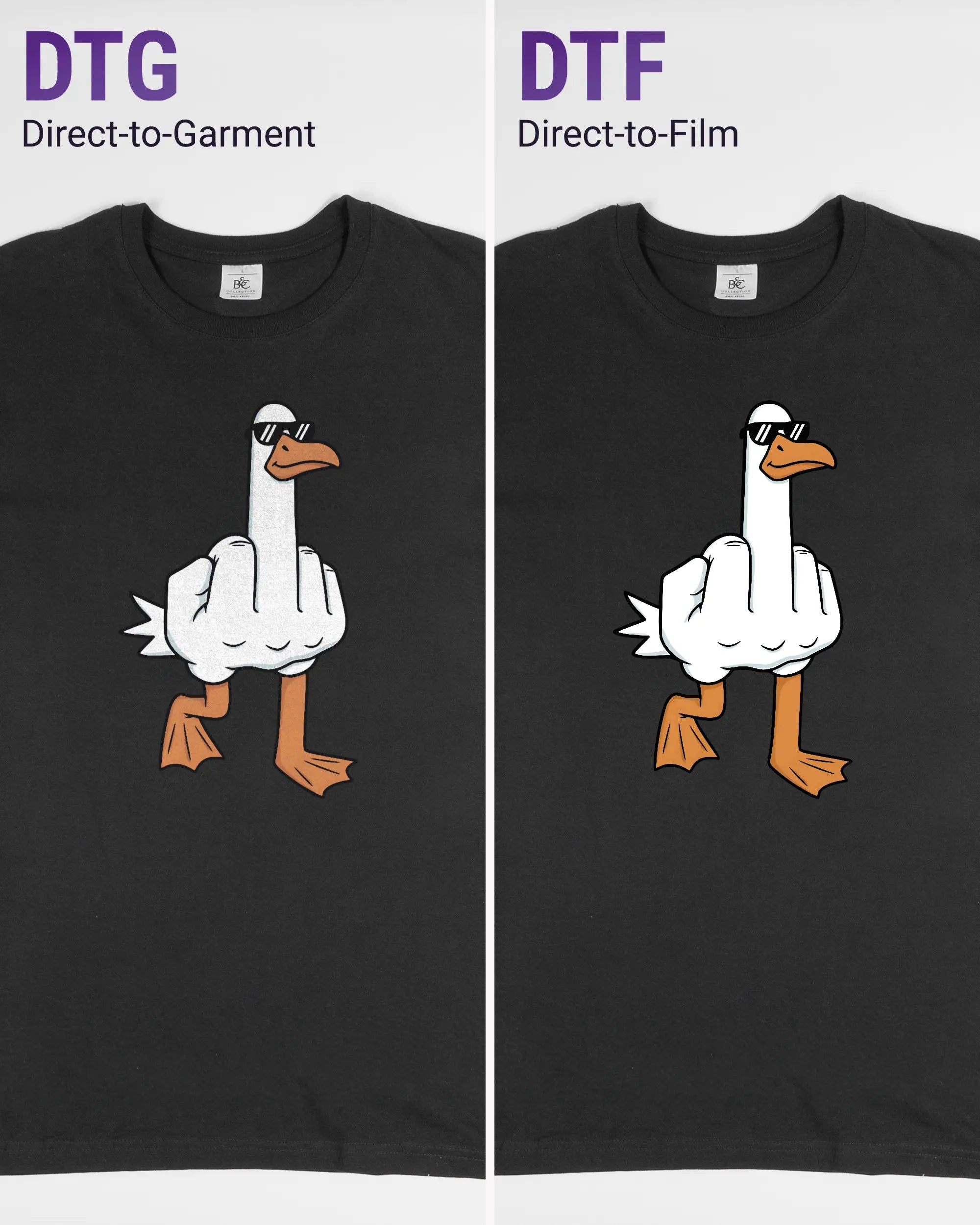 Vergleich der Vorderseiten des Basic Unisex T-Shirt Soft von Maondo mit dem Design I give a duck in der Farbe Black und in der Größe L links mit dem Direct-to-Garment und rechts mit dem Direct-to-Film Verfahren