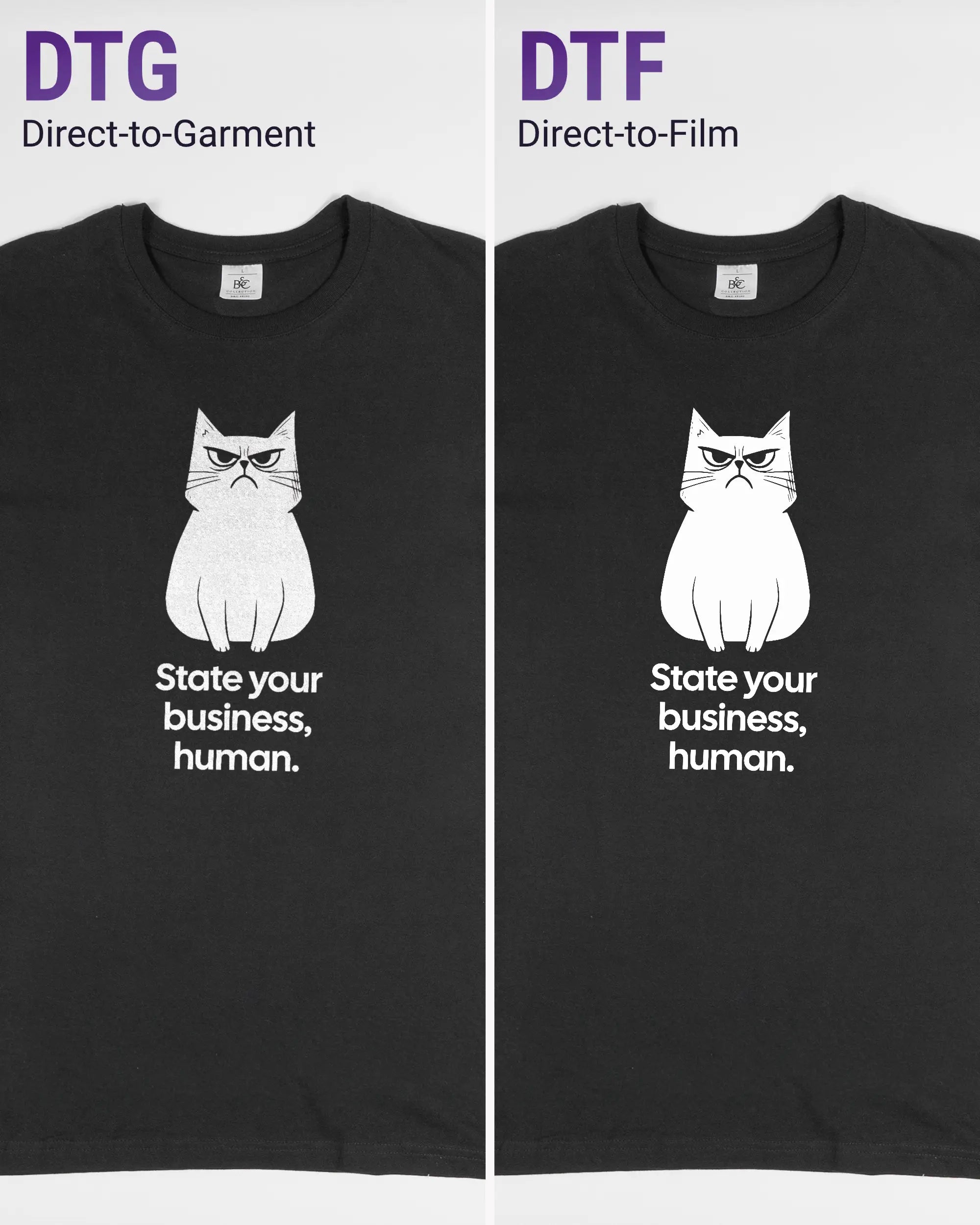 Vergleich der Vorderseiten des Basic Unisex T-Shirt Soft von Maondo mit dem Design Grumpy Purr in der Farbe Black und in der Größe L links mit dem Direct-to-Garment und rechts mit dem Direct-to-Film Verfahren
