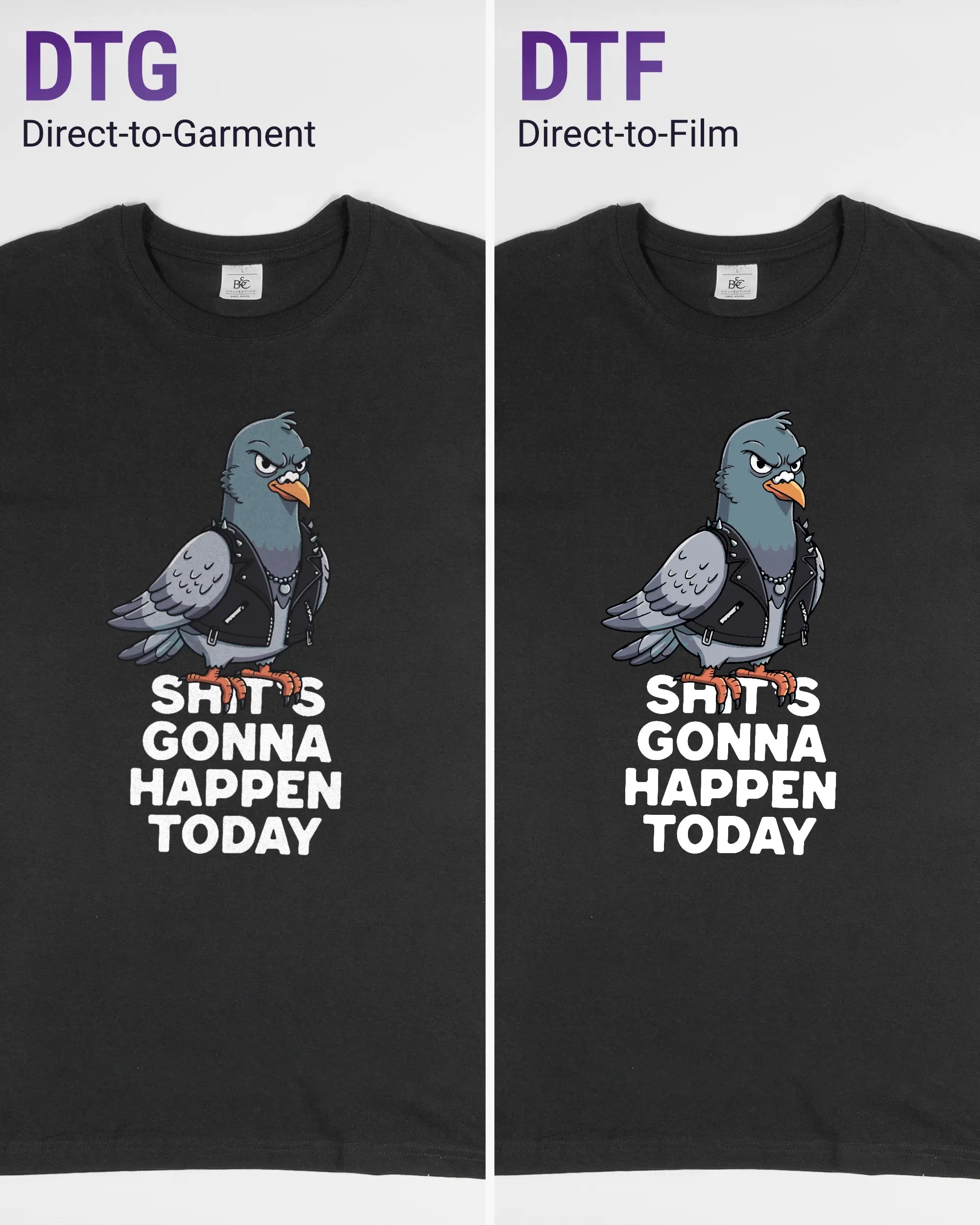 Vergleich der Vorderseiten des Basic Unisex T-Shirt Soft von Maondo mit dem Design Pigeon Pun in der Farbe Black und in der Größe L links mit dem Direct-to-Garment und rechts mit dem Direct-to-Film Verfahren
