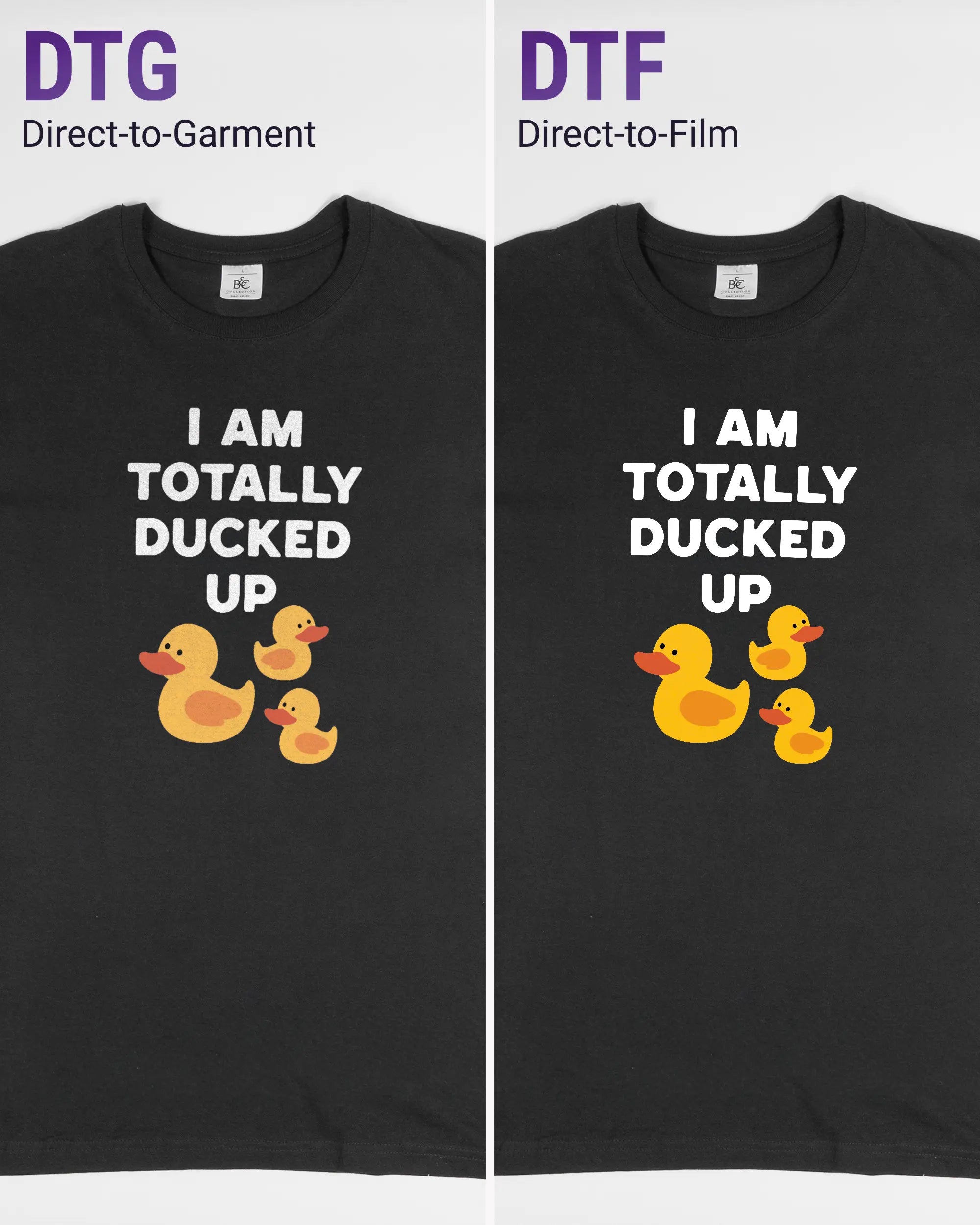 Vergleich der Vorderseiten des Basic Unisex T-Shirt Soft von Maondo mit dem Design Ducked Up in der Farbe Black und in der Größe L links mit dem Direct-to-Garment und rechts mit dem Direct-to-Film Verfahren