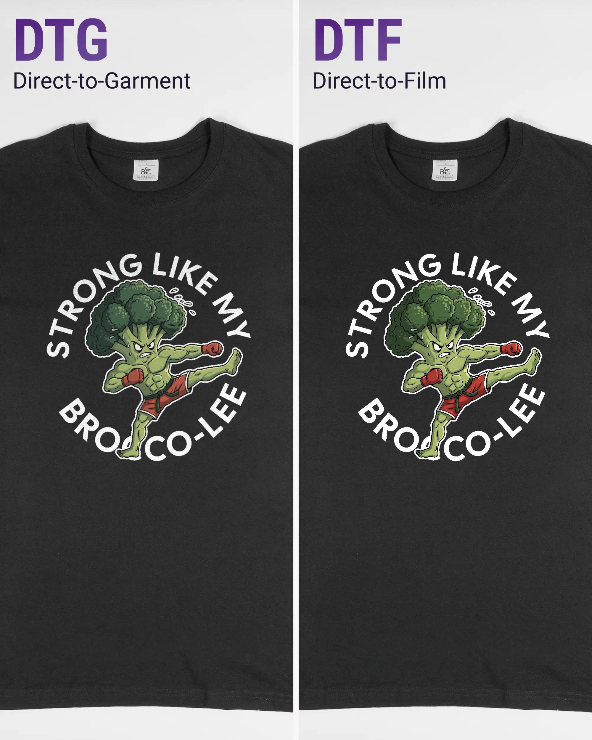 Vergleich der Vorderseiten des Basic Unisex T-Shirt Soft von Maondo mit dem Design Brocco-Lee in der Farbe Black und in der Größe L links mit dem Direct-to-Garment und rechts mit dem Direct-to-Film Verfahren