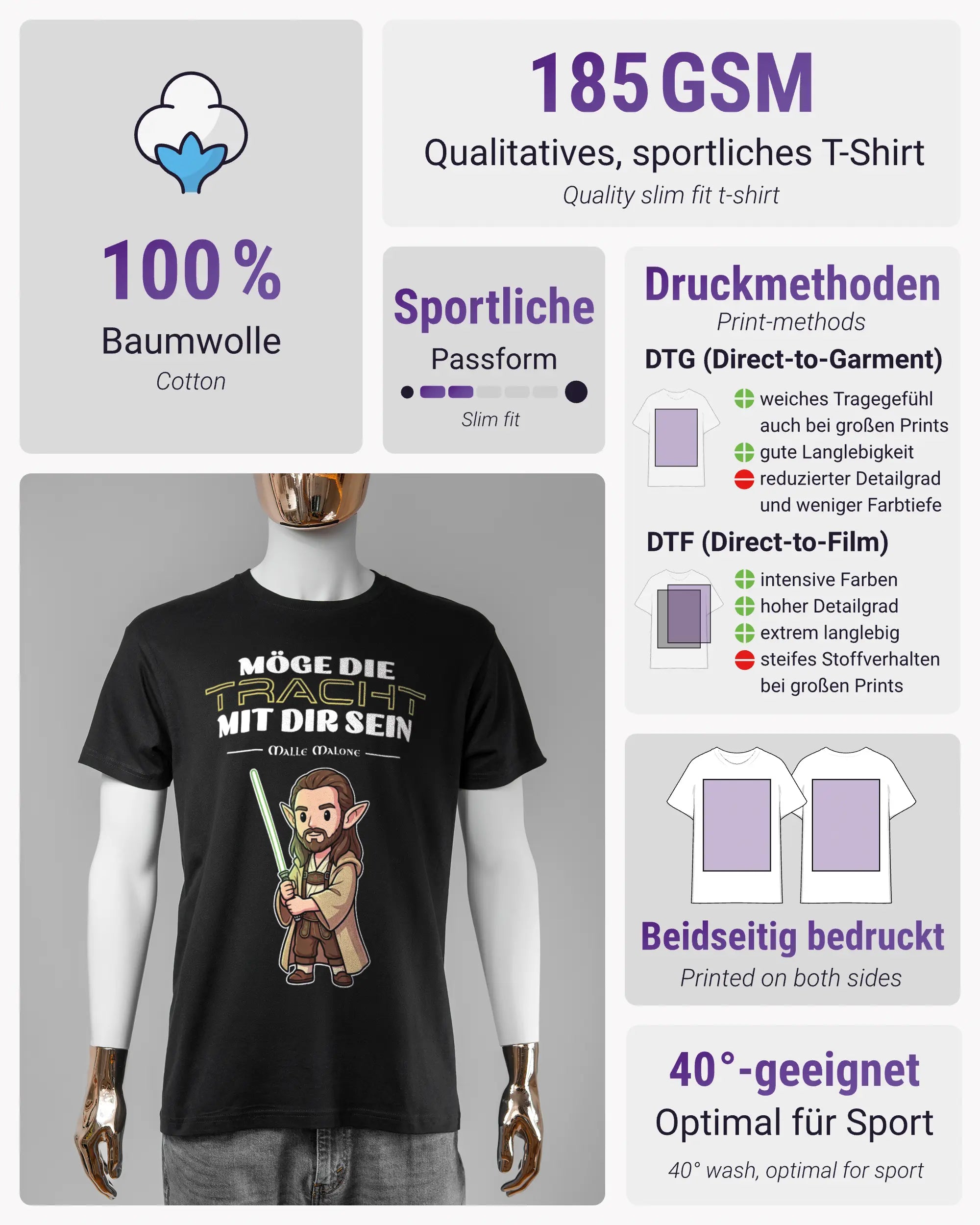 Produktinformationsblatt des Basic Unisex T-Shirt Soft von Maondo mit dem Design Tracht mit dir vorne in der Farbe Black und in der Größe S