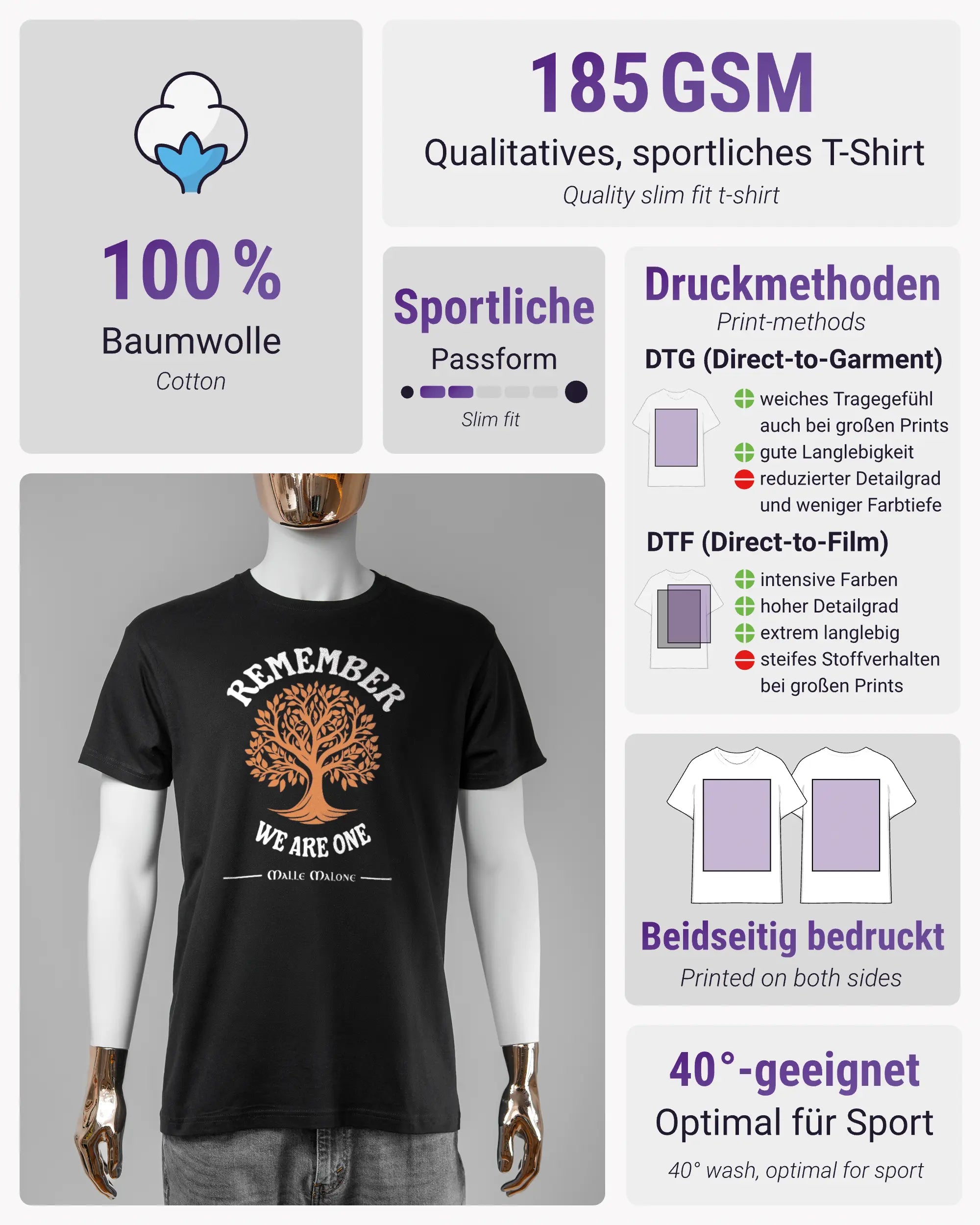 Produktinformationsblatt des Basic Unisex T-Shirt Soft von Maondo mit dem Design We are one vorne in der Farbe Black und in der Größe S