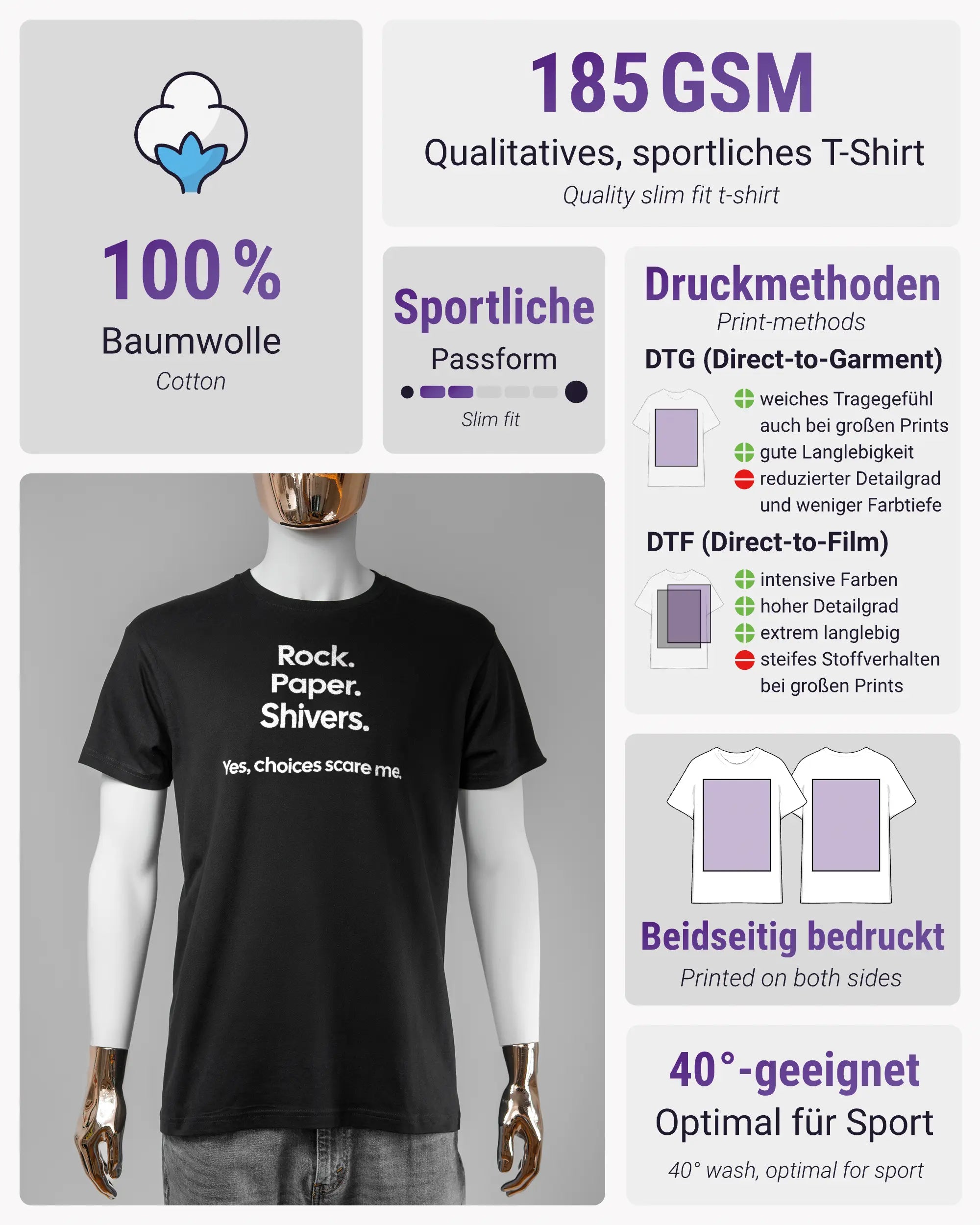 Produktinformationsblatt des Basic Unisex T-Shirt Soft von Maondo mit dem Design Rock Paper Shivers vorne in der Farbe Black und in der Größe S