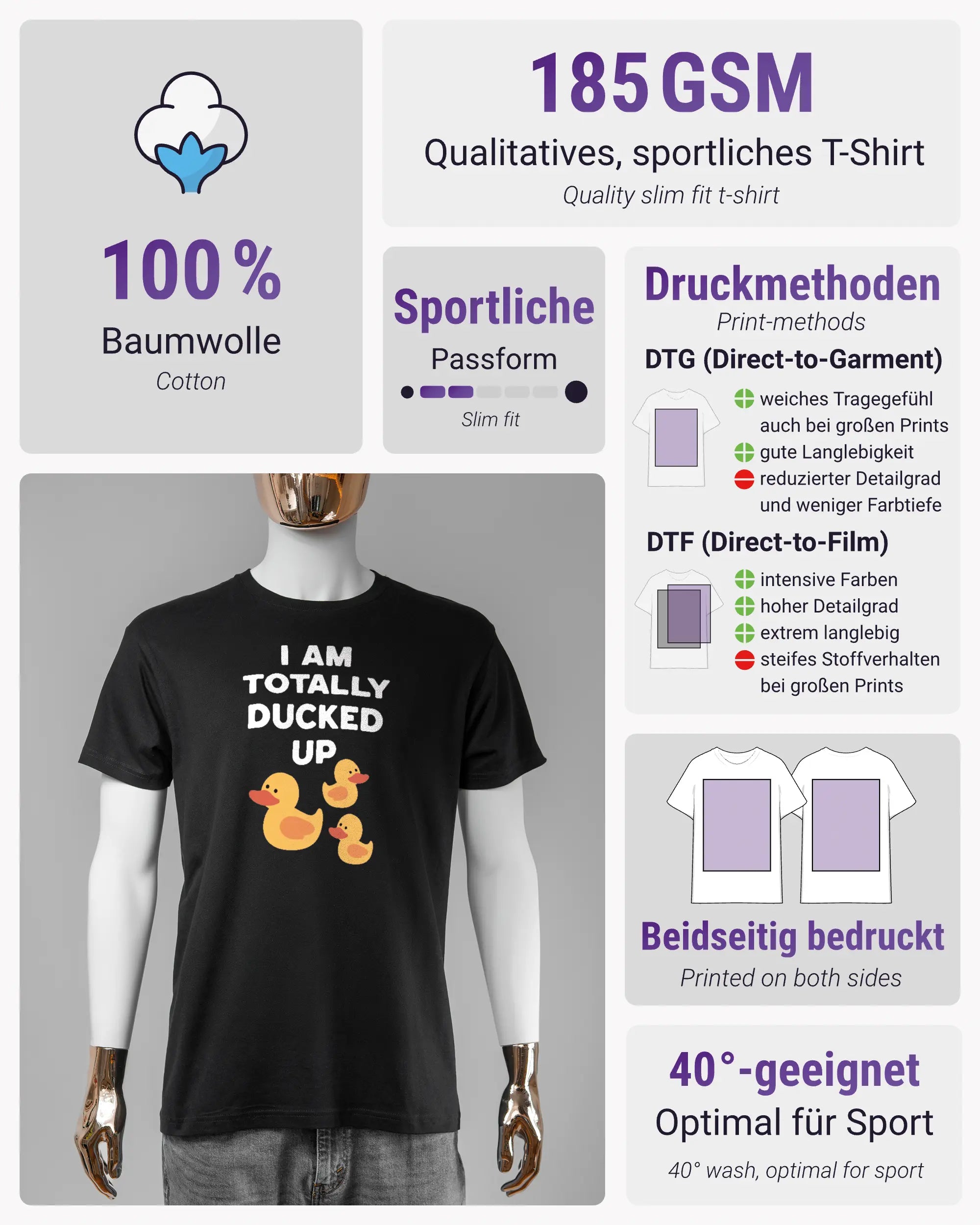 Produktinformationsblatt des Basic Unisex T-Shirt Soft von Maondo mit dem Design Ducked Up vorne in der Farbe Black und in der Größe S