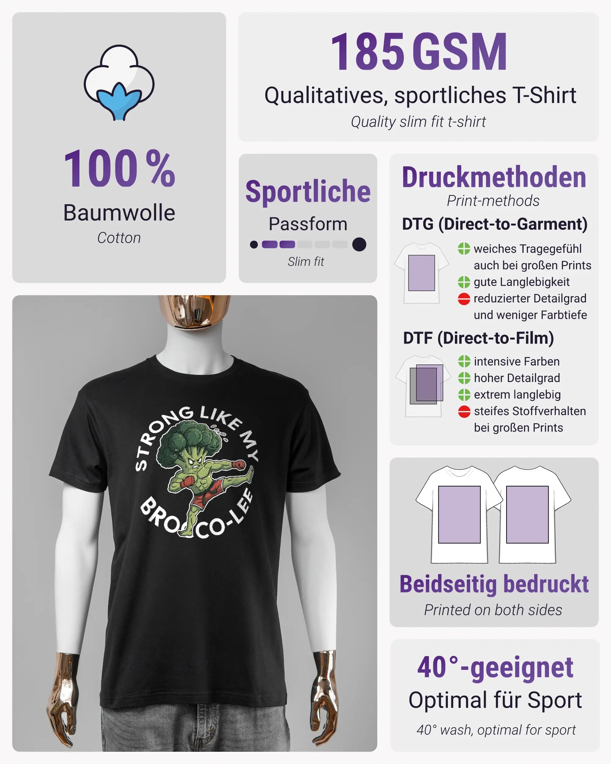 Produktinformationsblatt des Basic Unisex T-Shirt Soft von Maondo mit dem Design Brocco-Lee vorne in der Farbe Black und in der Größe S