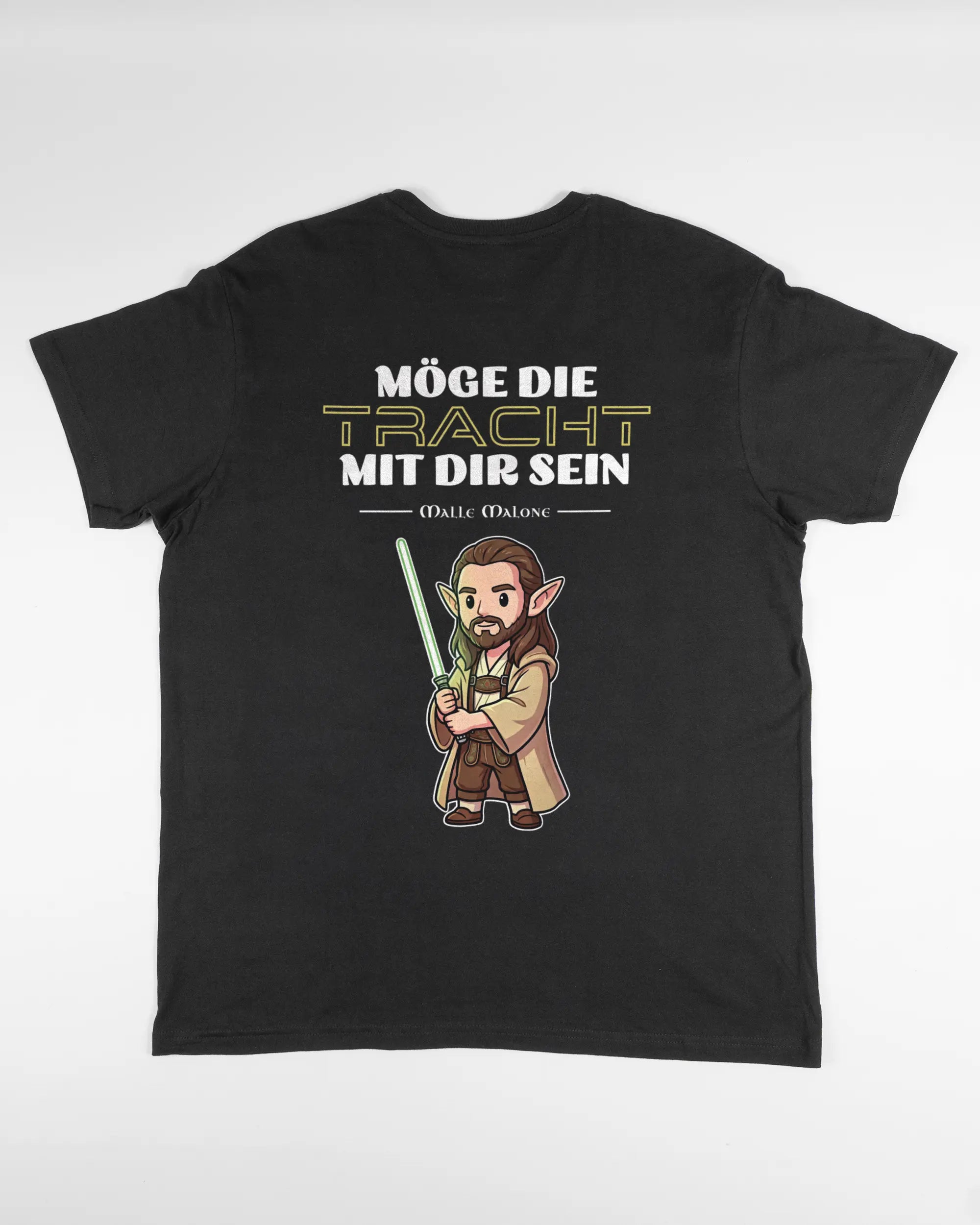 Rückseite des Basic Unisex T-Shirt Soft von Maondo mit dem Design Tracht mit dir in der Farbe Black und in der Größe L flach auf den Boden gelegt