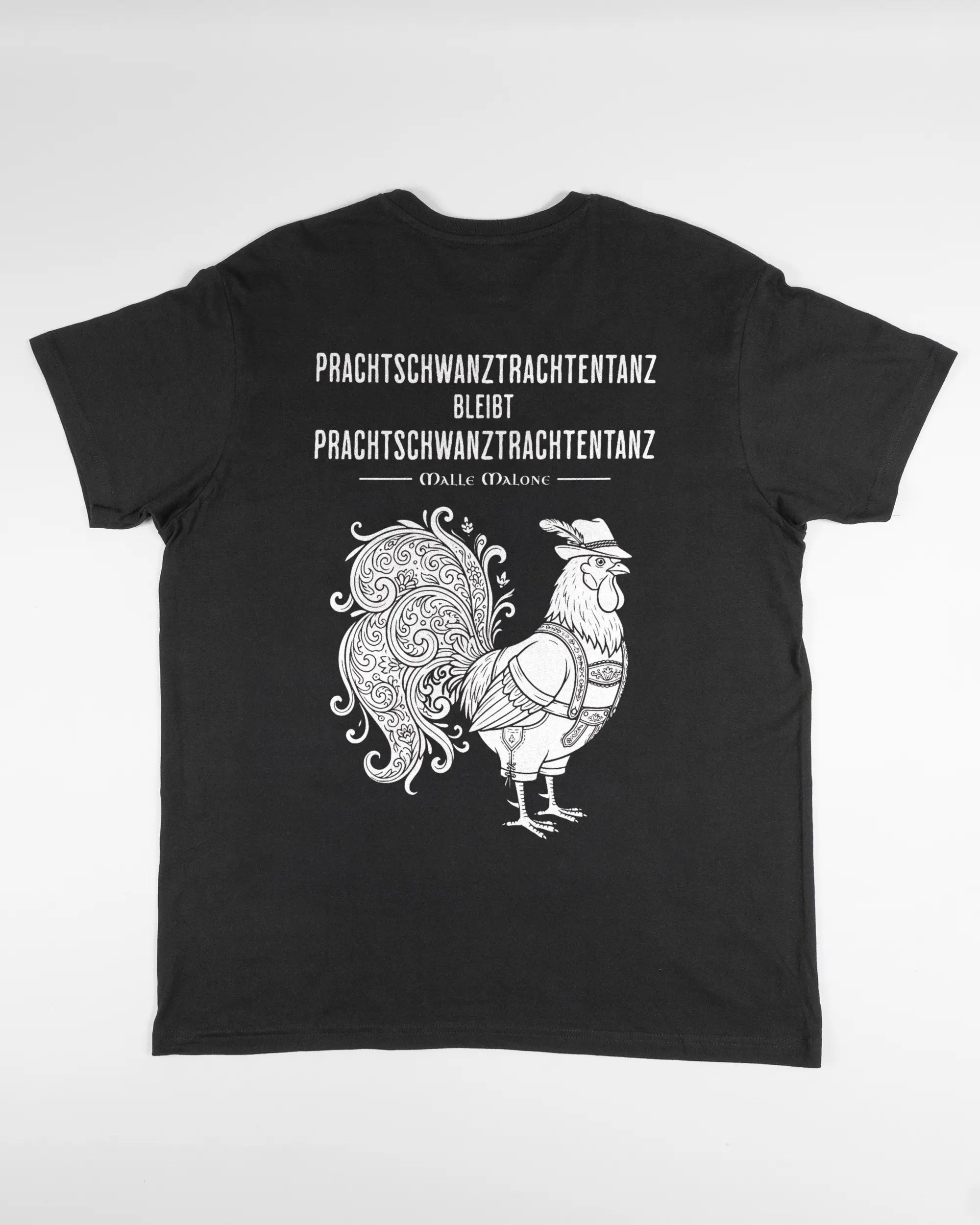 Rückseite des Basic Unisex T-Shirt Soft von Maondo mit dem Design Trachtentanz in der Farbe Black und in der Größe L flach auf den Boden gelegt
