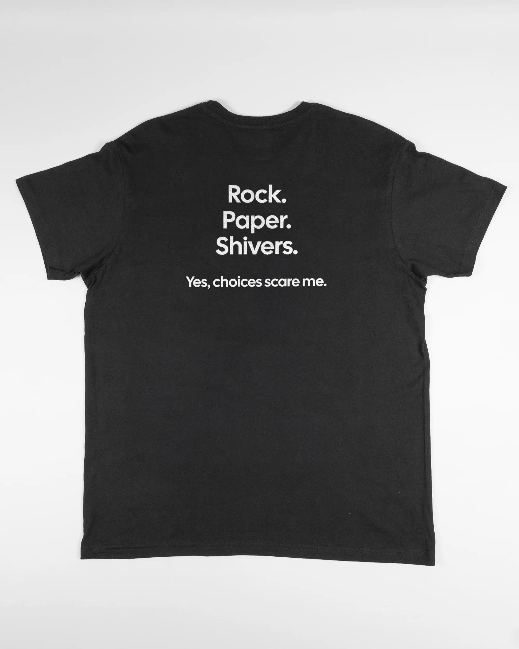 Rückseite des Basic Unisex T-Shirt Soft von Maondo mit dem Design Rock Paper Shivers in der Farbe Black und in der Größe L flach auf den Boden gelegt