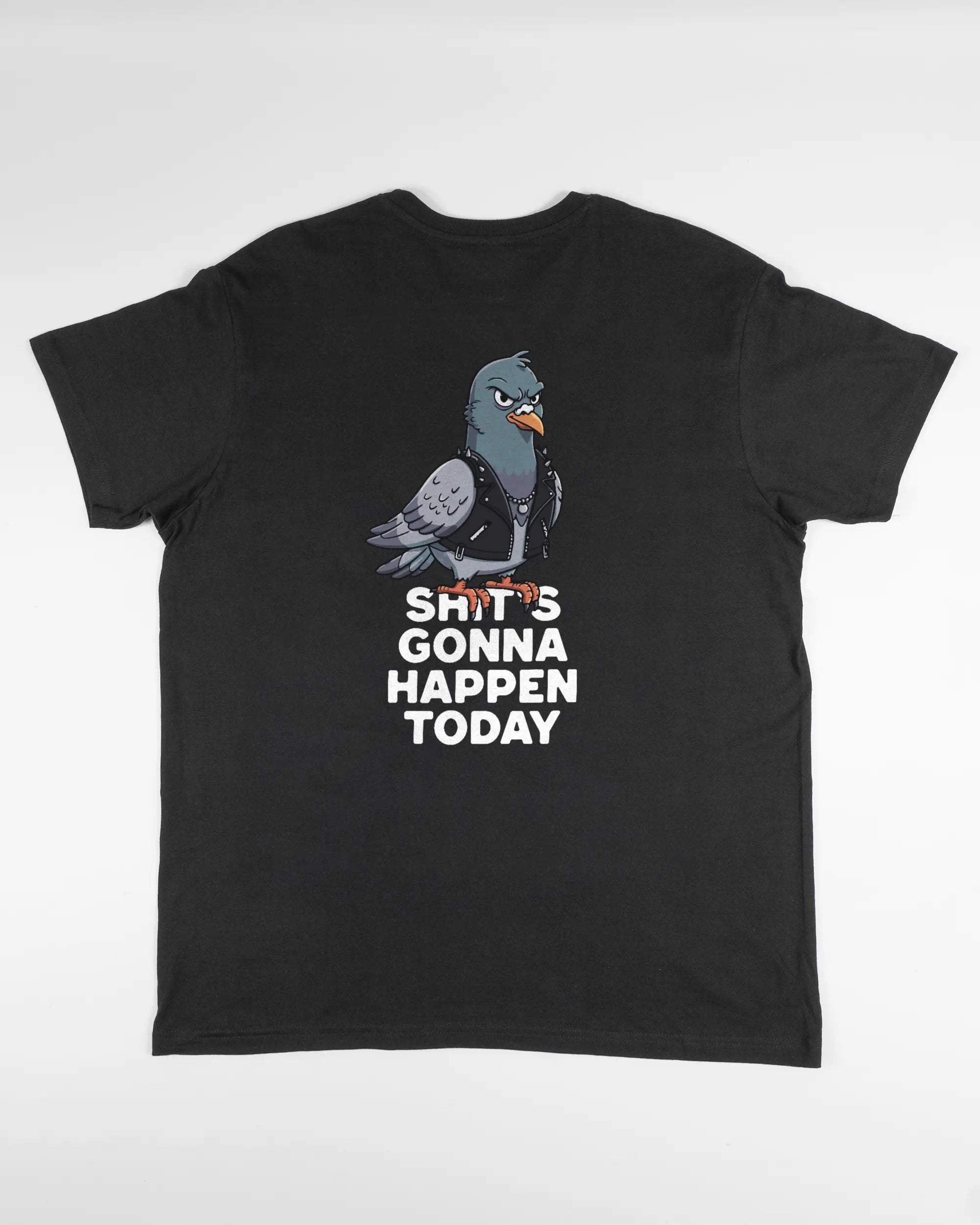 Rückseite des Basic Unisex T-Shirt Soft von Maondo mit dem Design Pigeon Pun in der Farbe Black und in der Größe L flach auf den Boden gelegt
