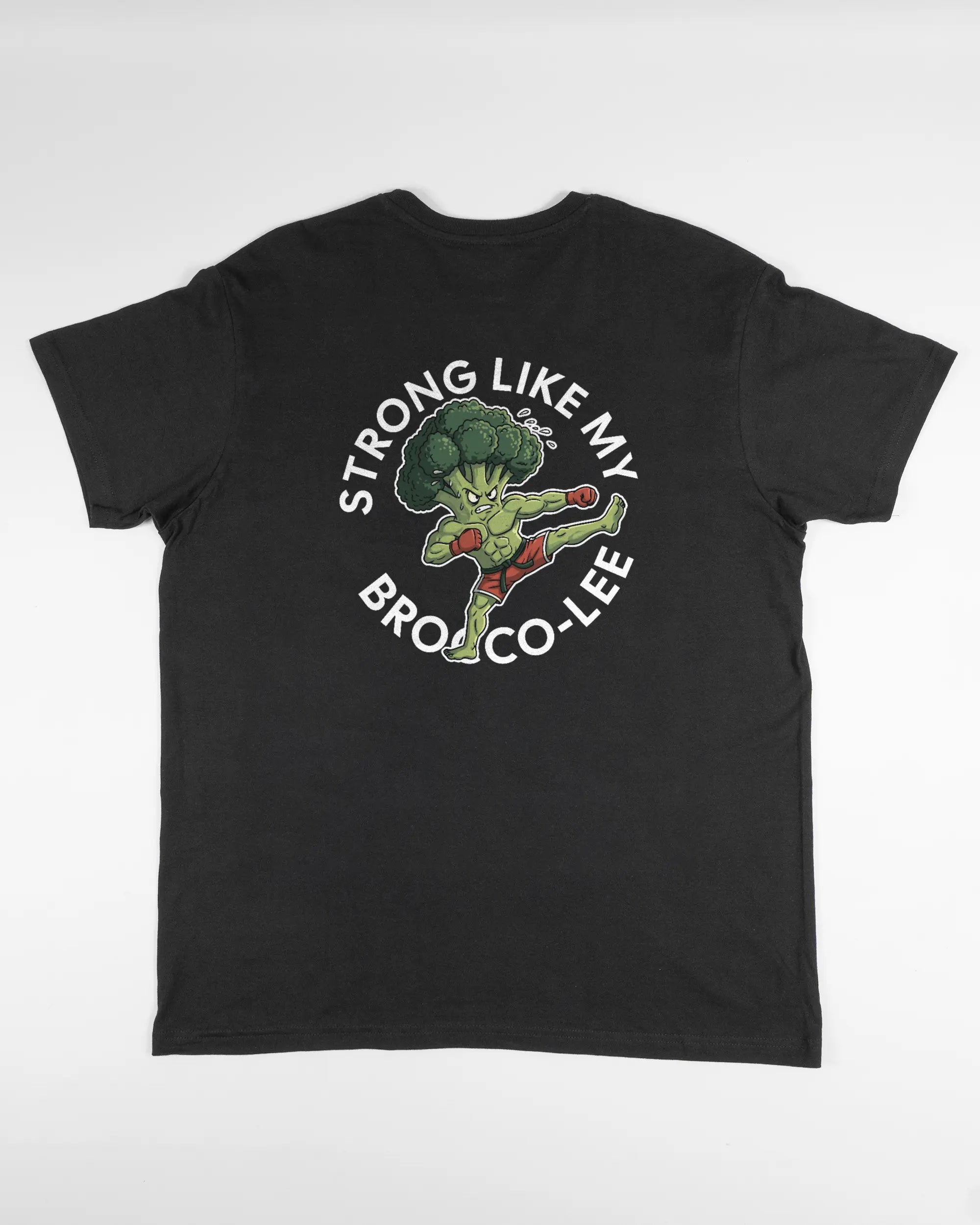 Rückseite des Basic Unisex T-Shirt Soft von Maondo mit dem Design Brocco-Lee in der Farbe Black und in der Größe L flach auf den Boden gelegt