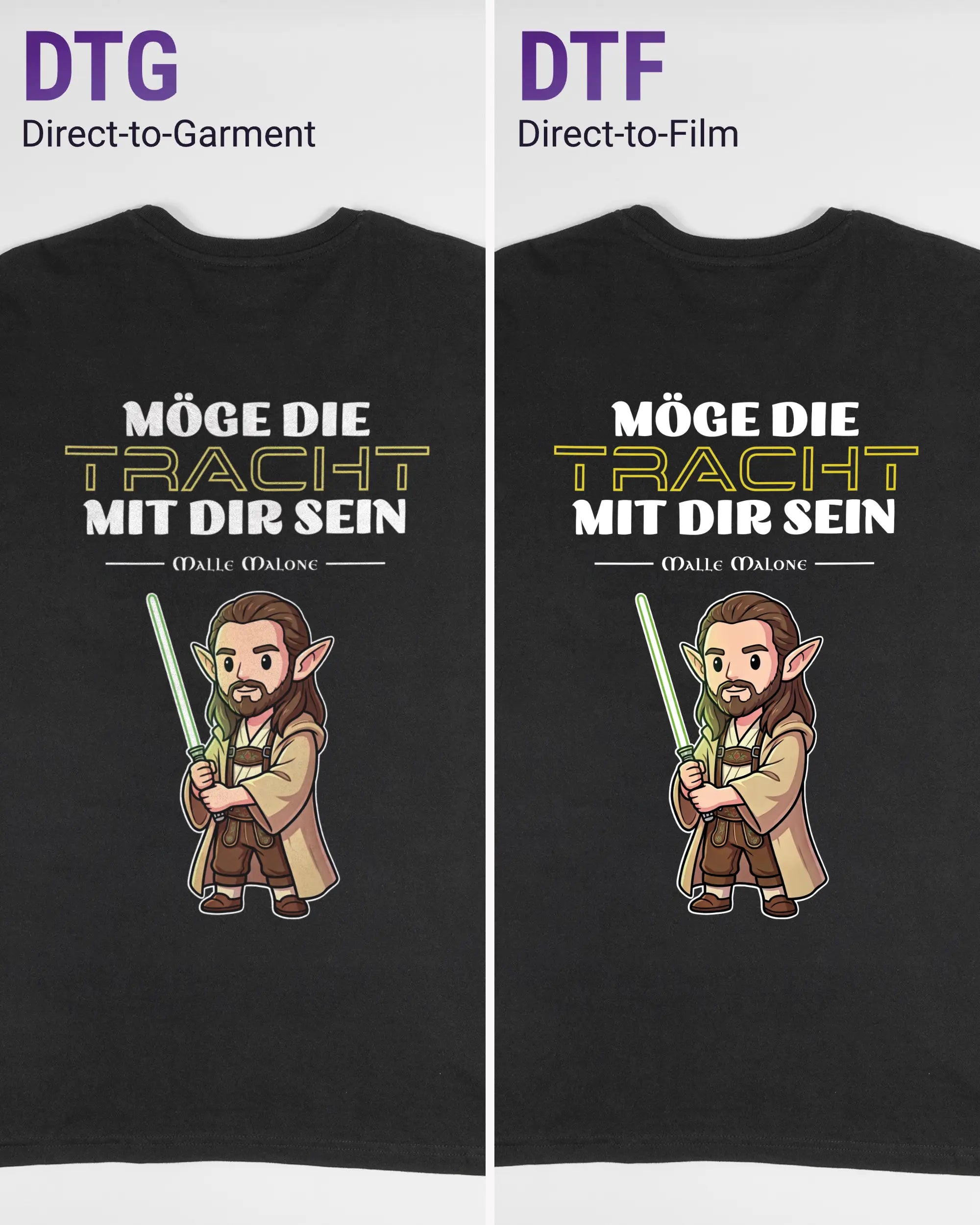 Vergleich der Rückseiten des Basic Unisex T-Shirt Soft von Maondo mit dem Design Tracht mit dir in der Farbe Black und in der Größe L links mit dem Direct-to-Garment und rechts mit dem Direct-to-Film Verfahren