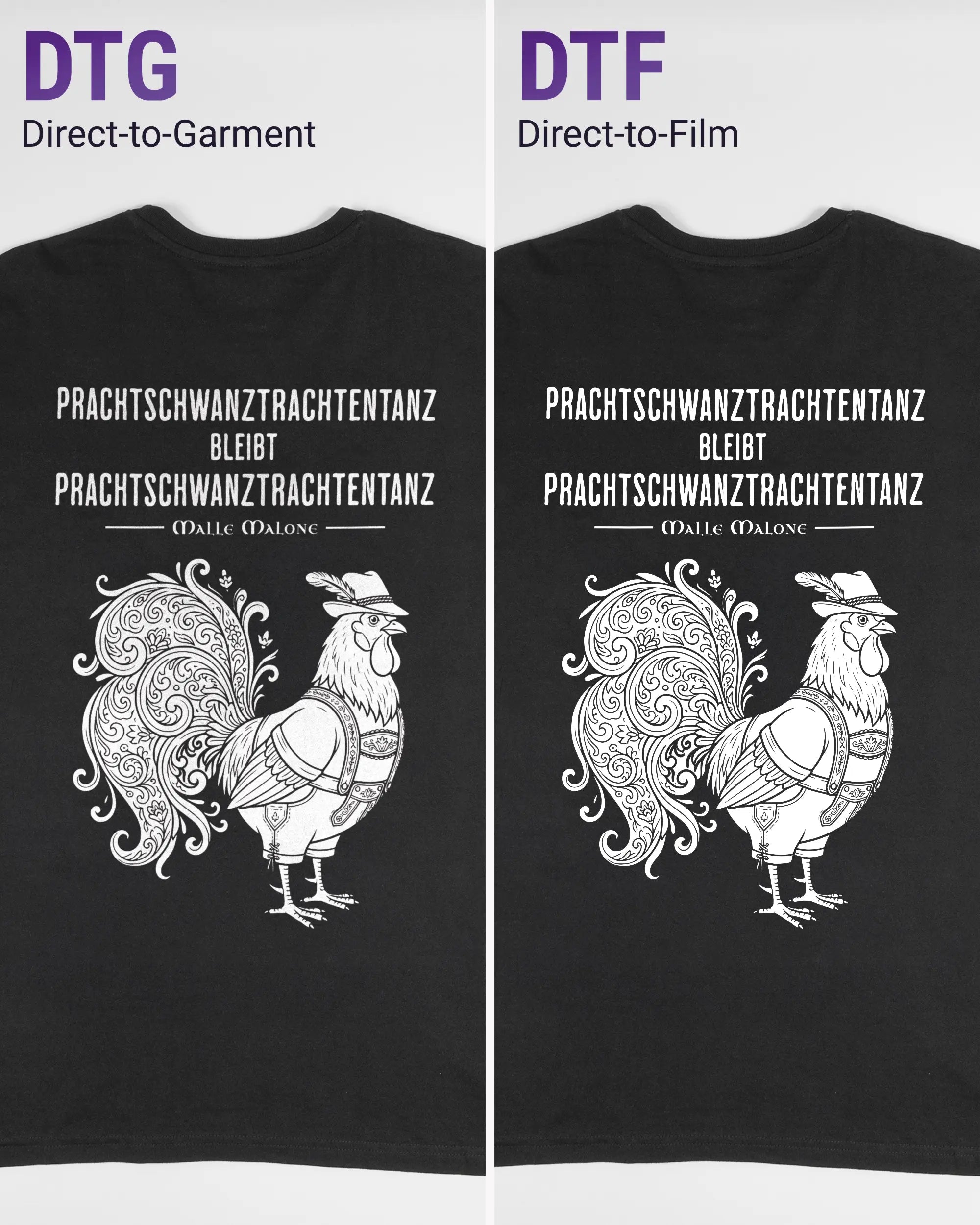 Vergleich der Rückseiten des Basic Unisex T-Shirt Soft von Maondo mit dem Design Trachtentanz in der Farbe Black und in der Größe L links mit dem Direct-to-Garment und rechts mit dem Direct-to-Film Verfahren
