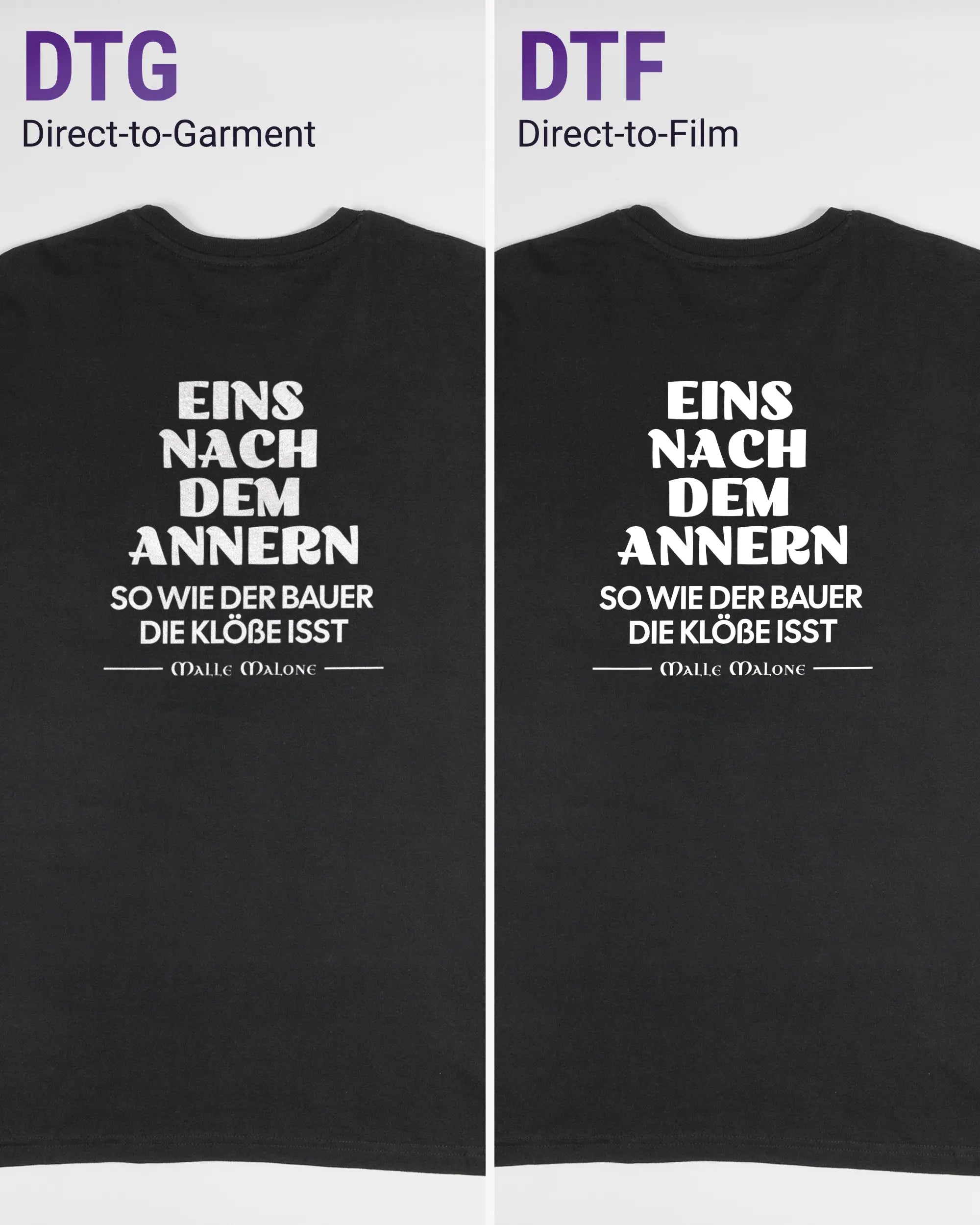 Vergleich der Rückseiten des Basic Unisex T-Shirt Soft von Maondo mit dem Design Eins nach dem Annern in der Farbe Black und in der Größe L links mit dem Direct-to-Garment und rechts mit dem Direct-to-Film Verfahren