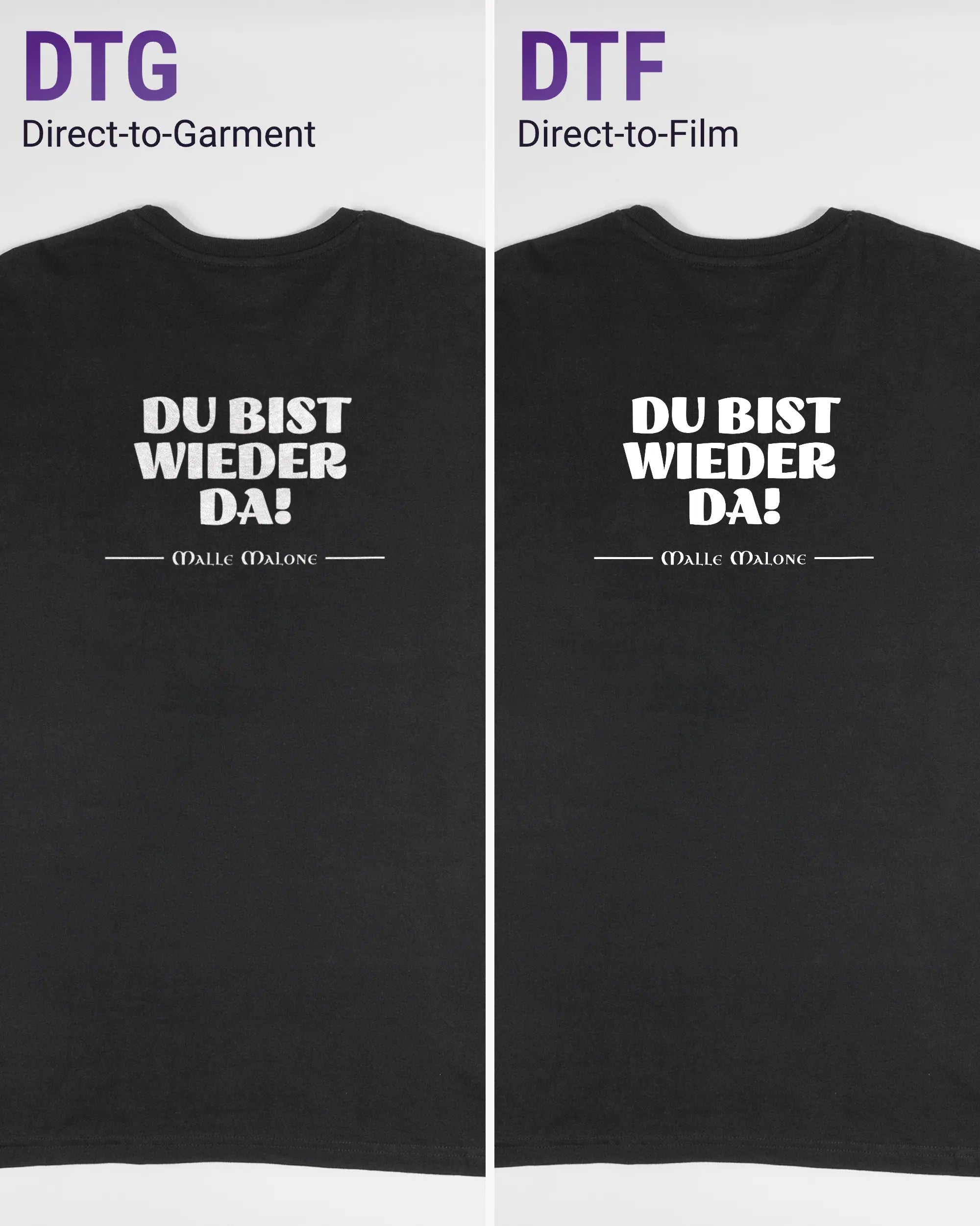 Vergleich der Rückseiten des Basic Unisex T-Shirt Soft von Maondo mit dem Design Wieder da in der Farbe Black und in der Größe L links mit dem Direct-to-Garment und rechts mit dem Direct-to-Film Verfahren
