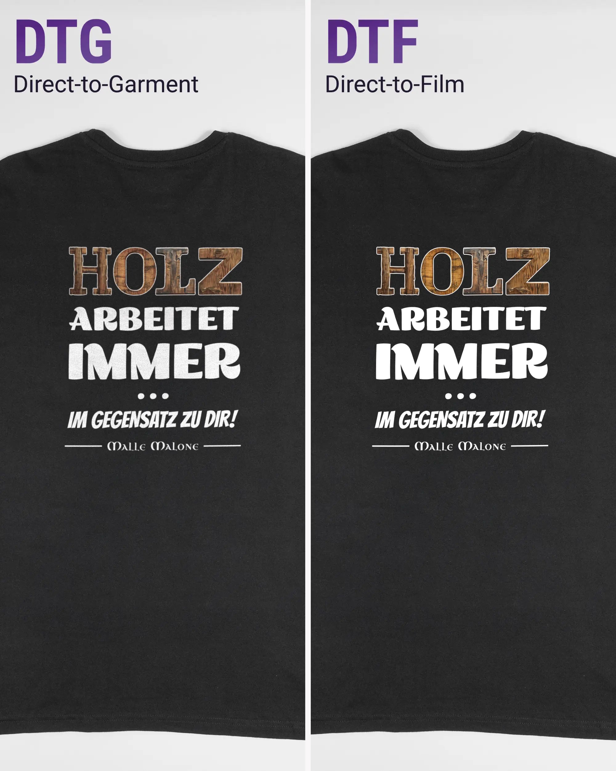 Vergleich der Rückseiten des Basic Unisex T-Shirt Soft von Maondo mit dem Design Holzarbeit in der Farbe Black und in der Größe L links mit dem Direct-to-Garment und rechts mit dem Direct-to-Film Verfahren