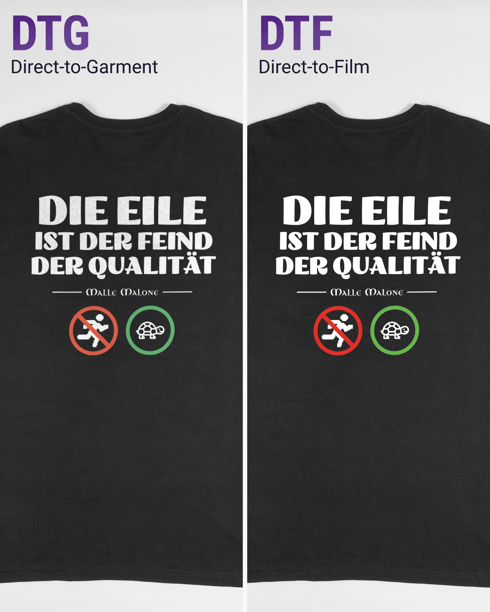 Vergleich der Rückseiten des Basic Unisex T-Shirt Soft von Maondo mit dem Design Keine Eile in der Farbe Black und in der Größe L links mit dem Direct-to-Garment und rechts mit dem Direct-to-Film Verfahren