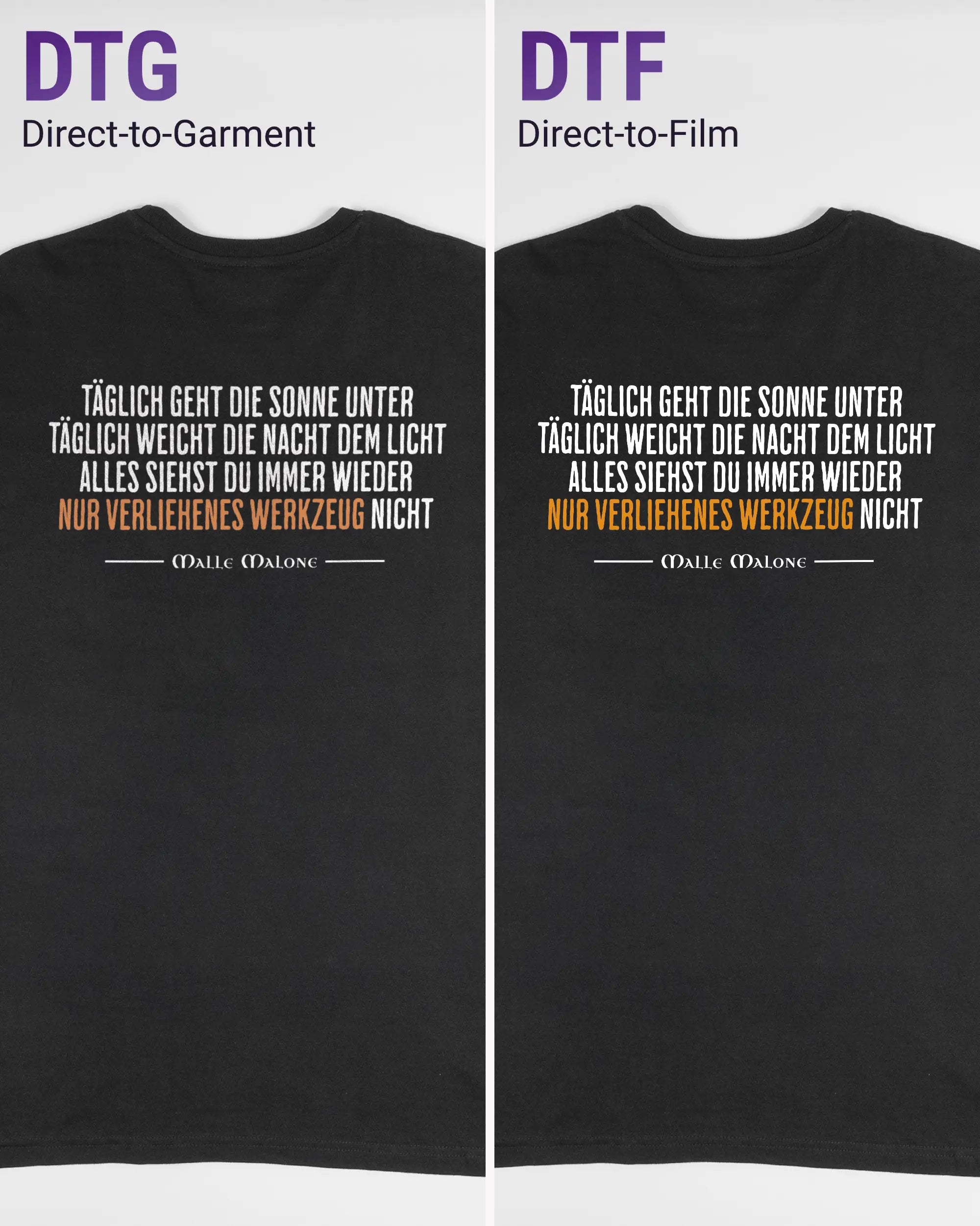 Vergleich der Rückseiten des Basic Unisex T-Shirt Soft von Maondo mit dem Design Wegzeug in der Farbe Black und in der Größe L links mit dem Direct-to-Garment und rechts mit dem Direct-to-Film Verfahren