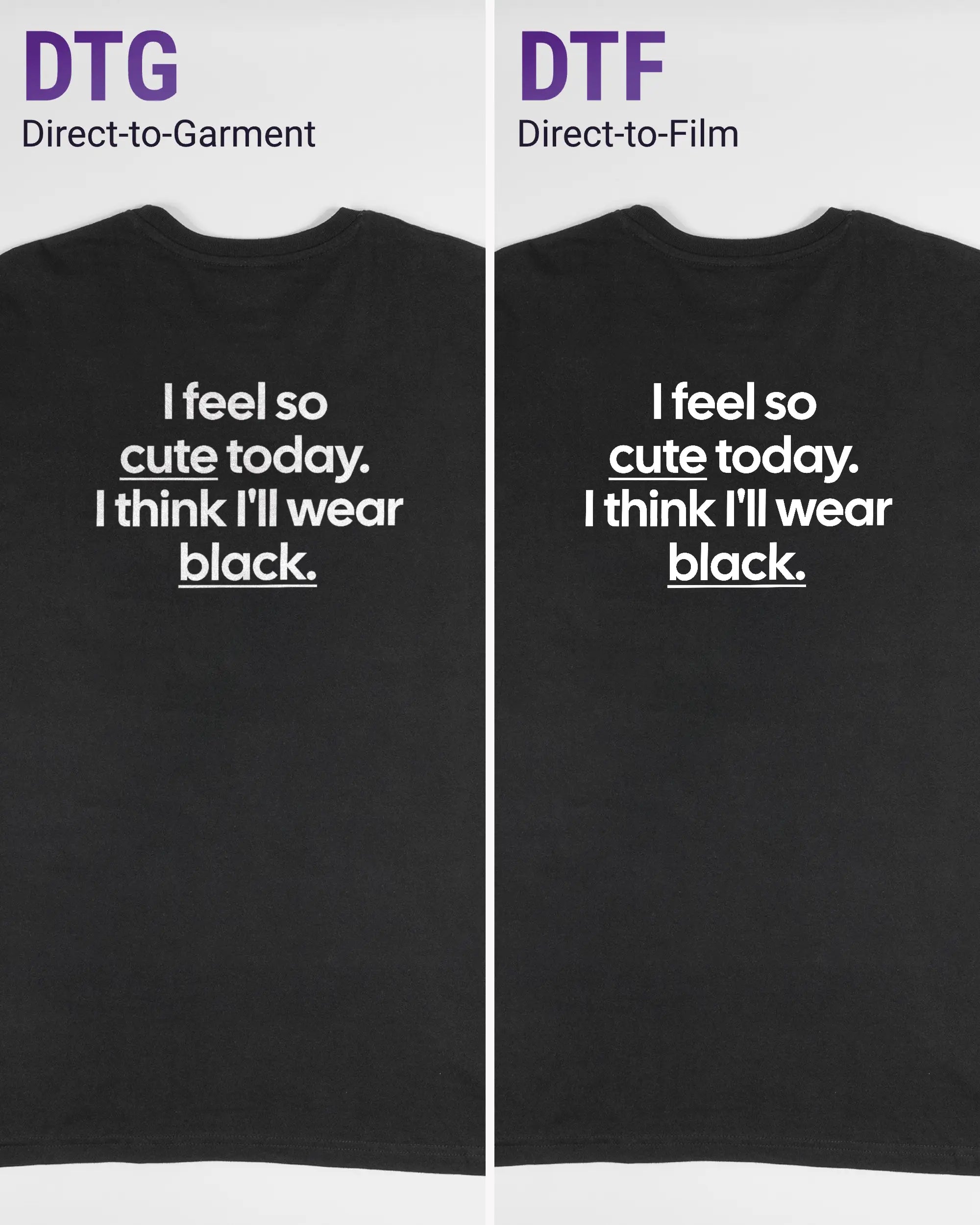 Vergleich der Rückseiten des Basic Unisex T-Shirt Slim von Maondo mit dem Design Colorful Day in der Farbe Black und in der Größe L links mit dem Direct-to-Garment und rechts mit dem Direct-to-Film Verfahren