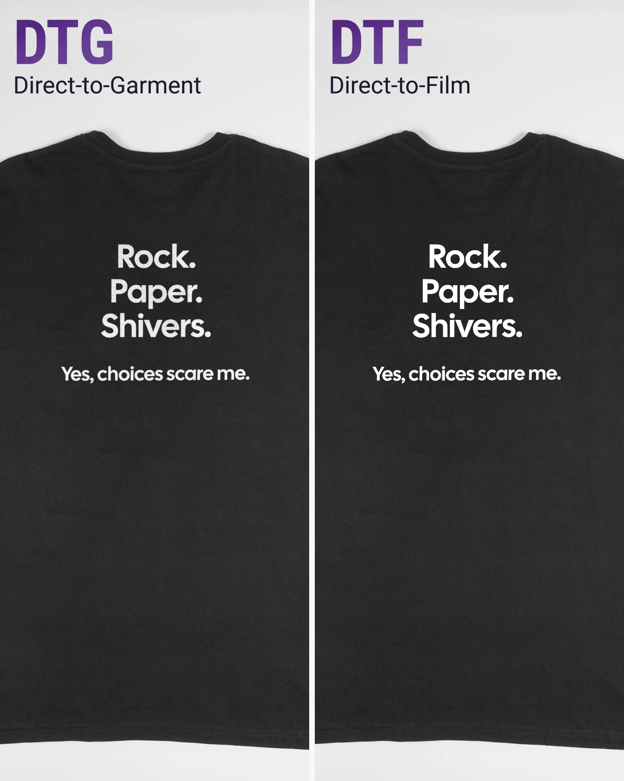 Vergleich der Rückseiten des Basic Unisex T-Shirt Soft von Maondo mit dem Design Rock Paper Shivers in der Farbe Black und in der Größe L links mit dem Direct-to-Garment und rechts mit dem Direct-to-Film Verfahren