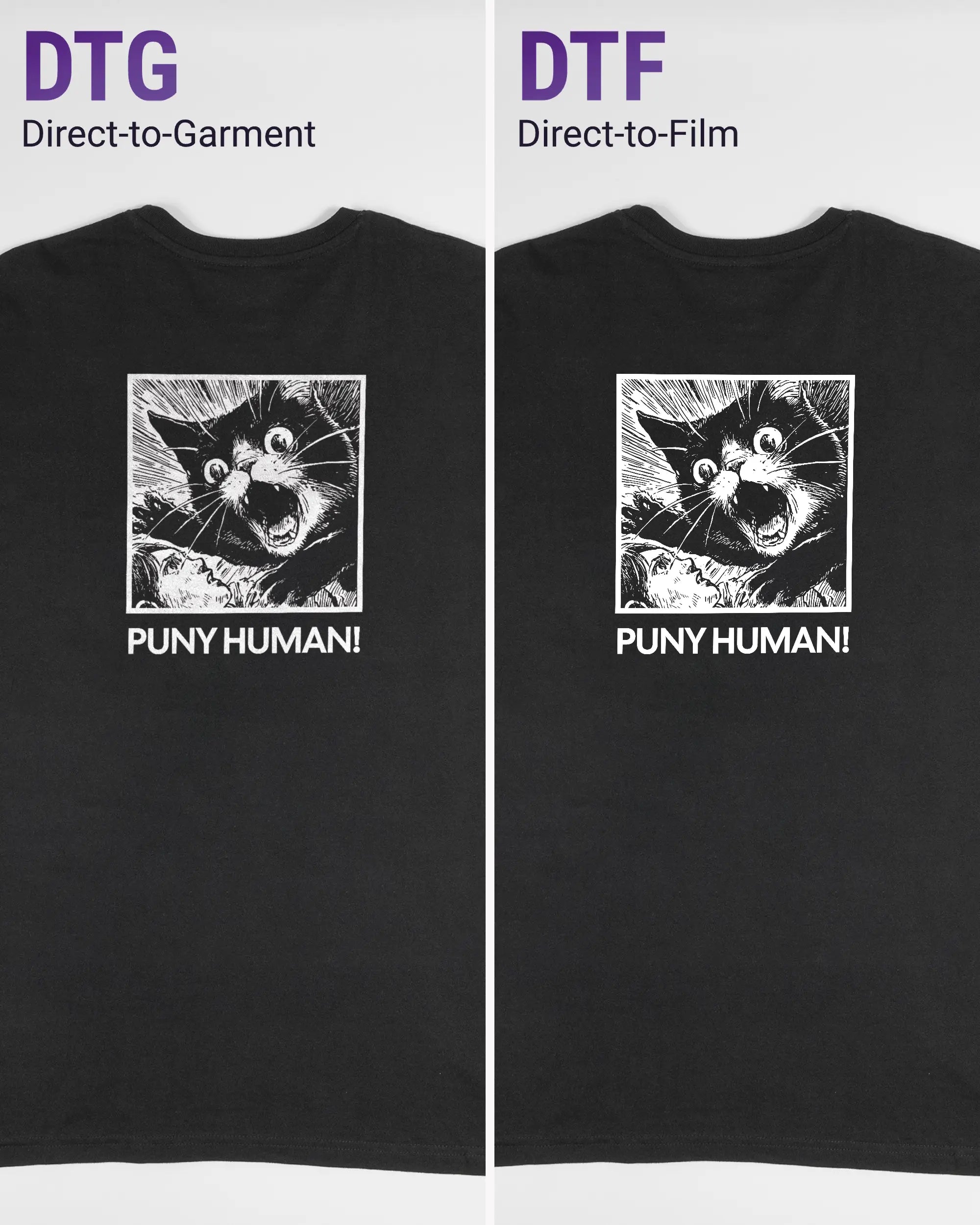 Vergleich der Rückseiten des Basic Unisex T-Shirt Soft von Maondo mit dem Design Puny Human in der Farbe Black und in der Größe L links mit dem Direct-to-Garment und rechts mit dem Direct-to-Film Verfahren