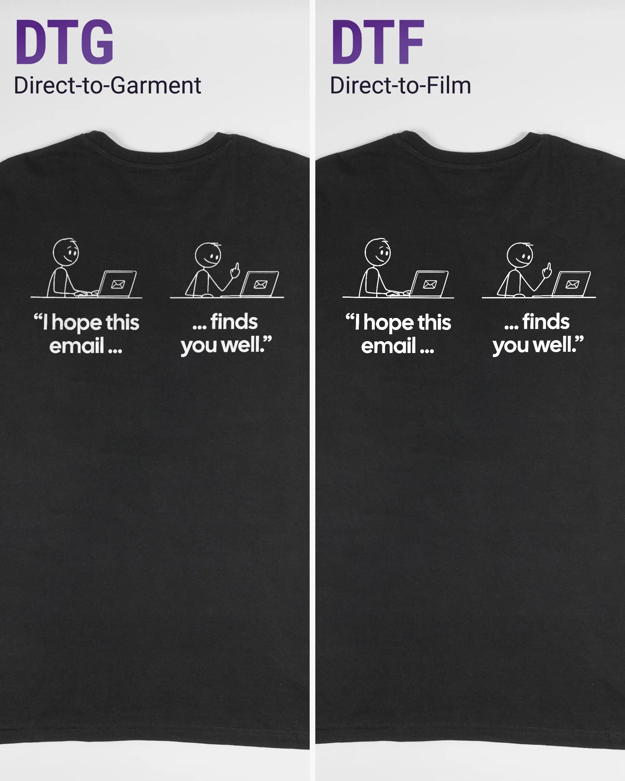 Vergleich der Rückseiten des Basic Unisex T-Shirt Soft von Maondo mit dem Design Found me not well in der Farbe Black und in der Größe L links mit dem Direct-to-Garment und rechts mit dem Direct-to-Film Verfahren