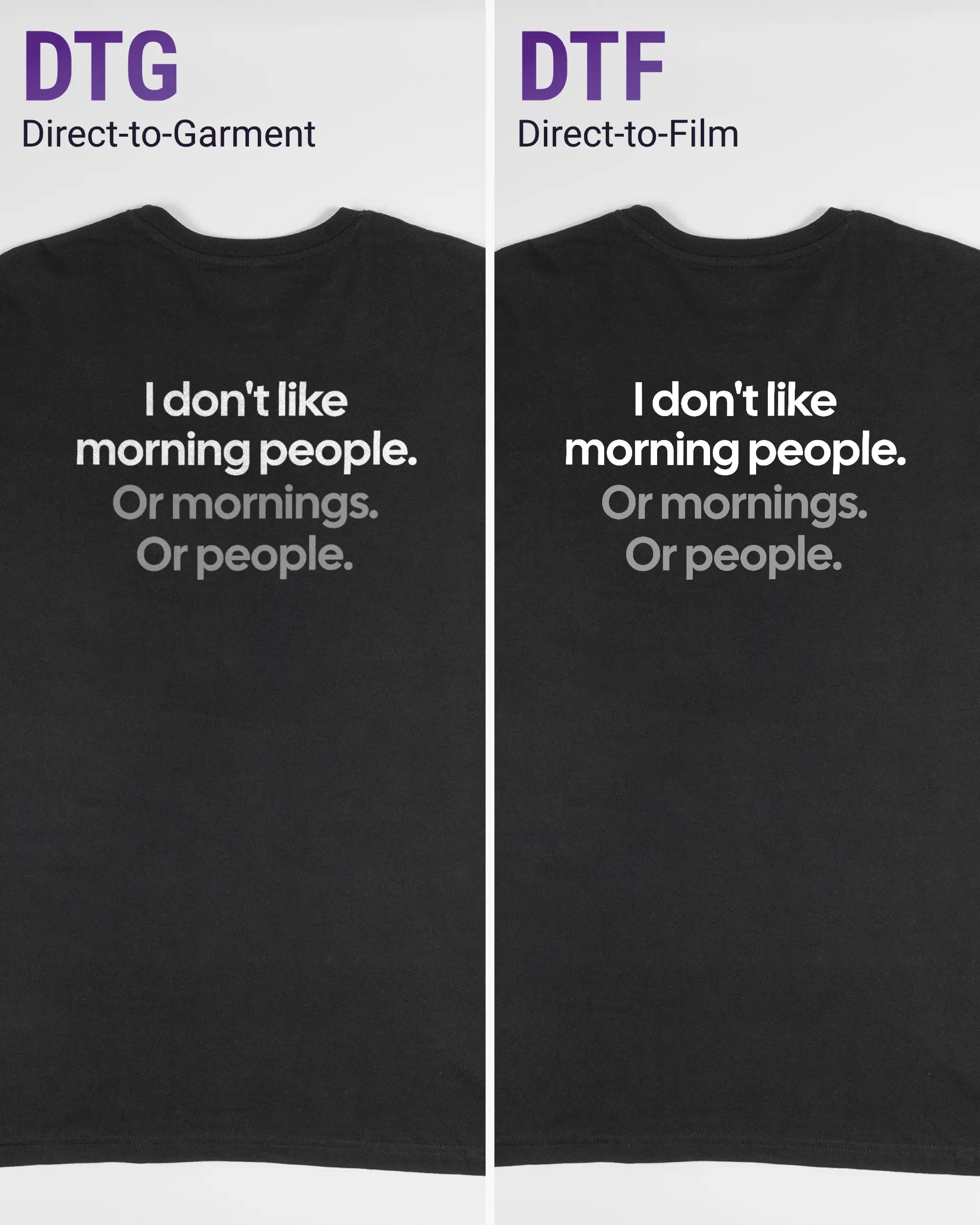 Vergleich der Rückseiten des Basic Unisex T-Shirt Soft von Maondo mit dem Design Morning Person in der Farbe Black und in der Größe L links mit dem Direct-to-Garment und rechts mit dem Direct-to-Film Verfahren