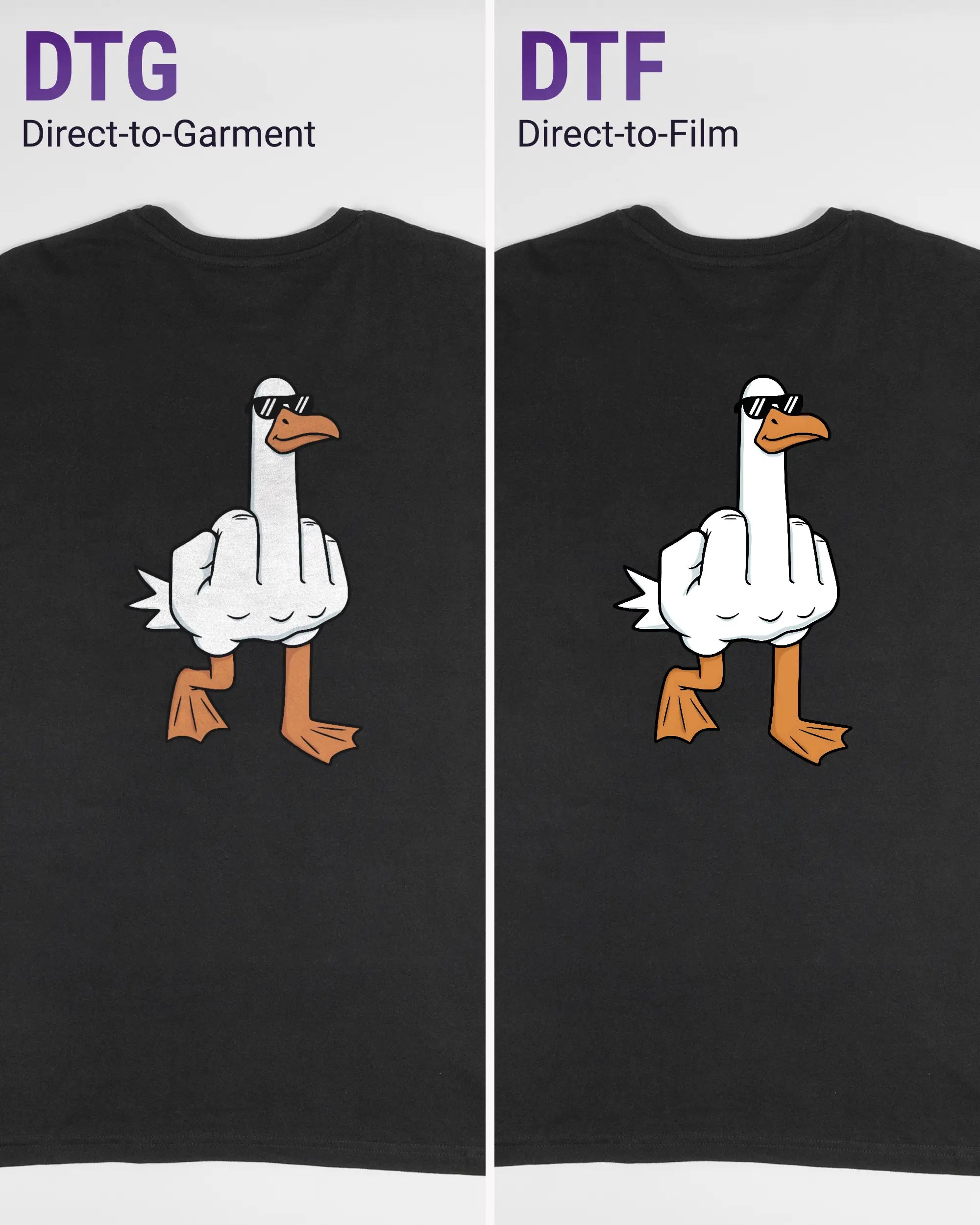 Vergleich der Rückseiten des Basic Unisex T-Shirt Soft von Maondo mit dem Design I give a duck in der Farbe Black und in der Größe L links mit dem Direct-to-Garment und rechts mit dem Direct-to-Film Verfahren