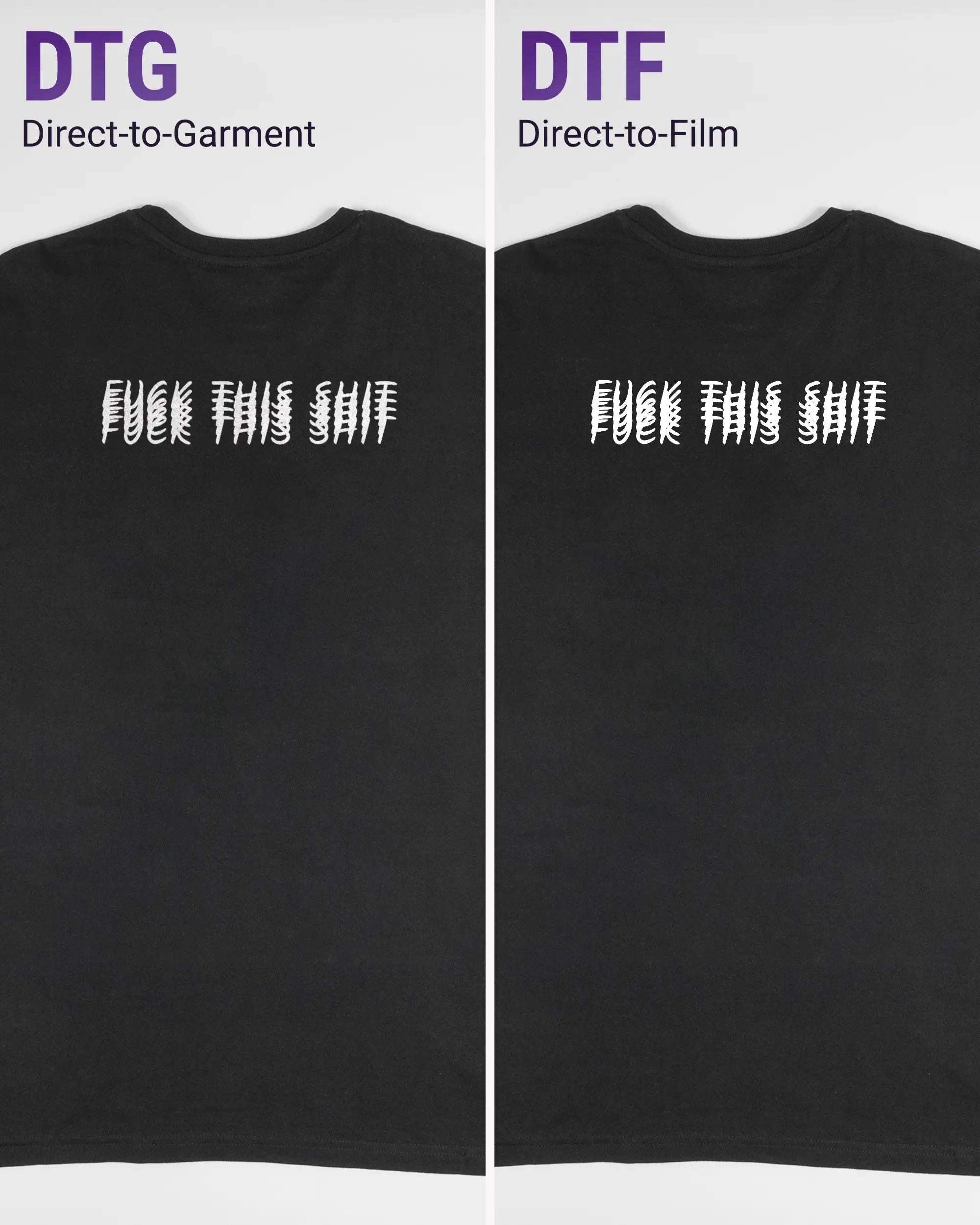 Vergleich der Rückseiten des Basic Unisex T-Shirt Soft von Maondo mit dem Design Hidden Message in der Farbe Black und in der Größe L links mit dem Direct-to-Garment und rechts mit dem Direct-to-Film Verfahren