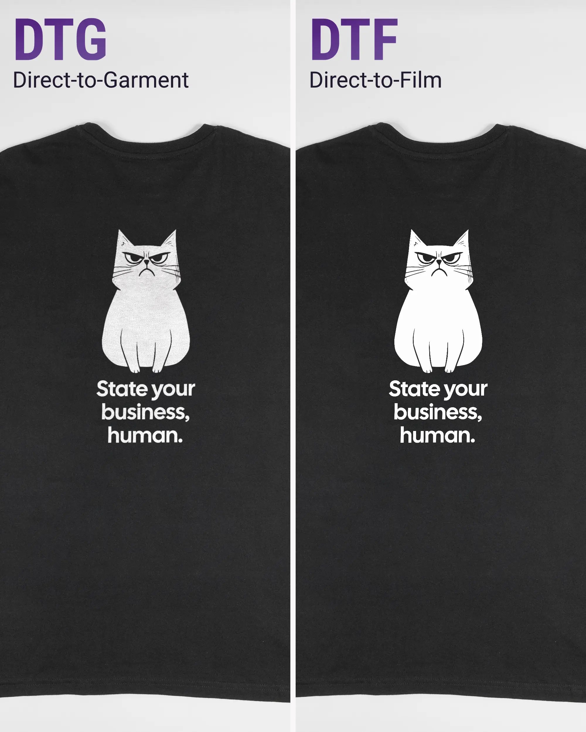 Vergleich der Rückseiten des Basic Unisex T-Shirt Soft von Maondo mit dem Design Grumpy Purr in der Farbe Black und in der Größe L links mit dem Direct-to-Garment und rechts mit dem Direct-to-Film Verfahren