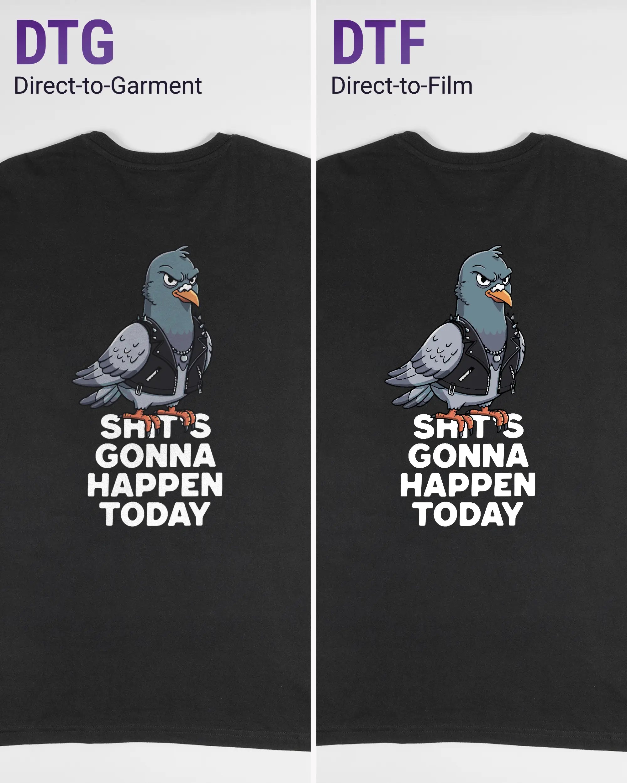 Vergleich der Rückseiten des Basic Unisex T-Shirt Soft von Maondo mit dem Design Pigeon Pun in der Farbe Black und in der Größe L links mit dem Direct-to-Garment und rechts mit dem Direct-to-Film Verfahren