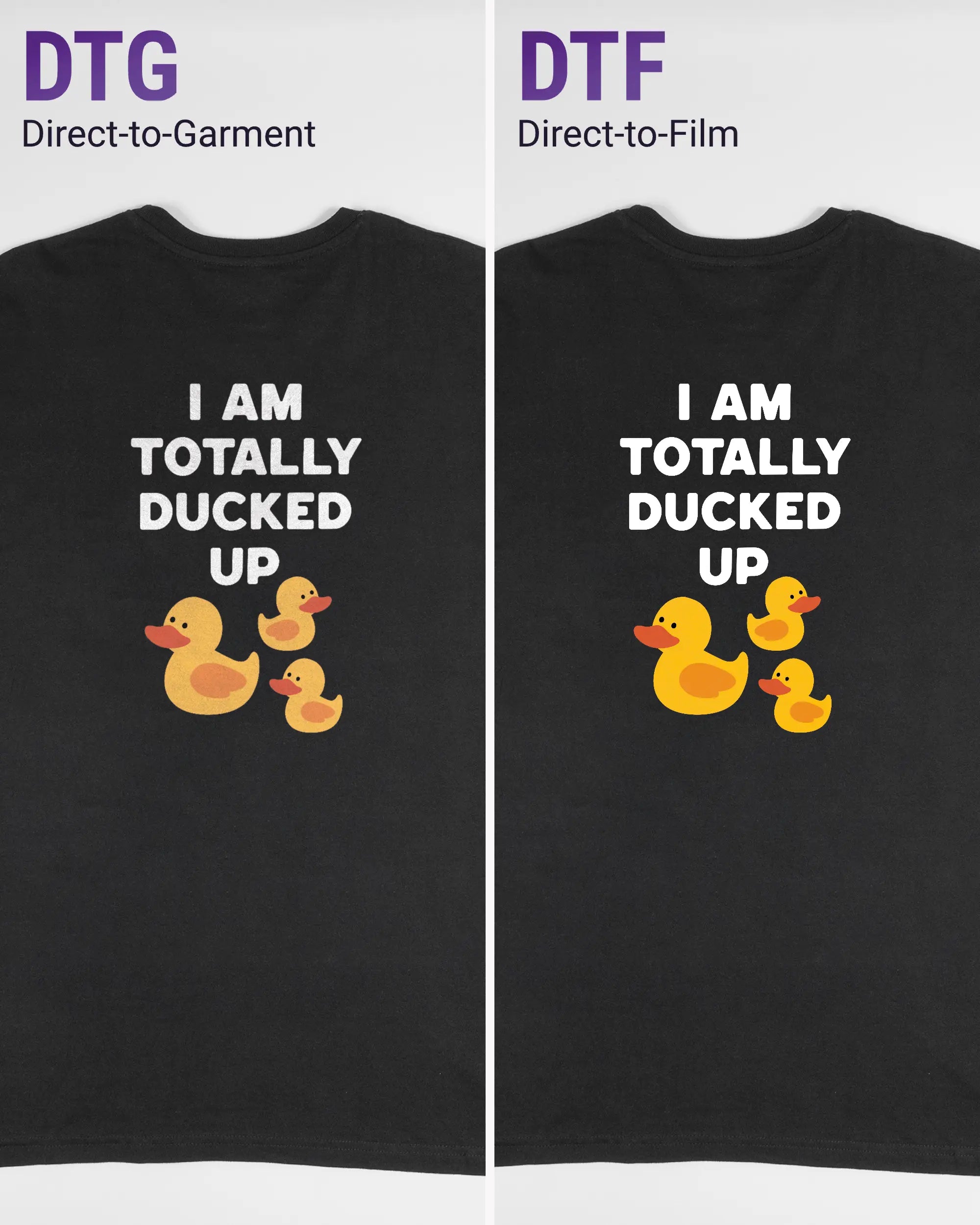 Vergleich der Rückseiten des Basic Unisex T-Shirt Soft von Maondo mit dem Design Ducked Up in der Farbe Black und in der Größe L links mit dem Direct-to-Garment und rechts mit dem Direct-to-Film Verfahren