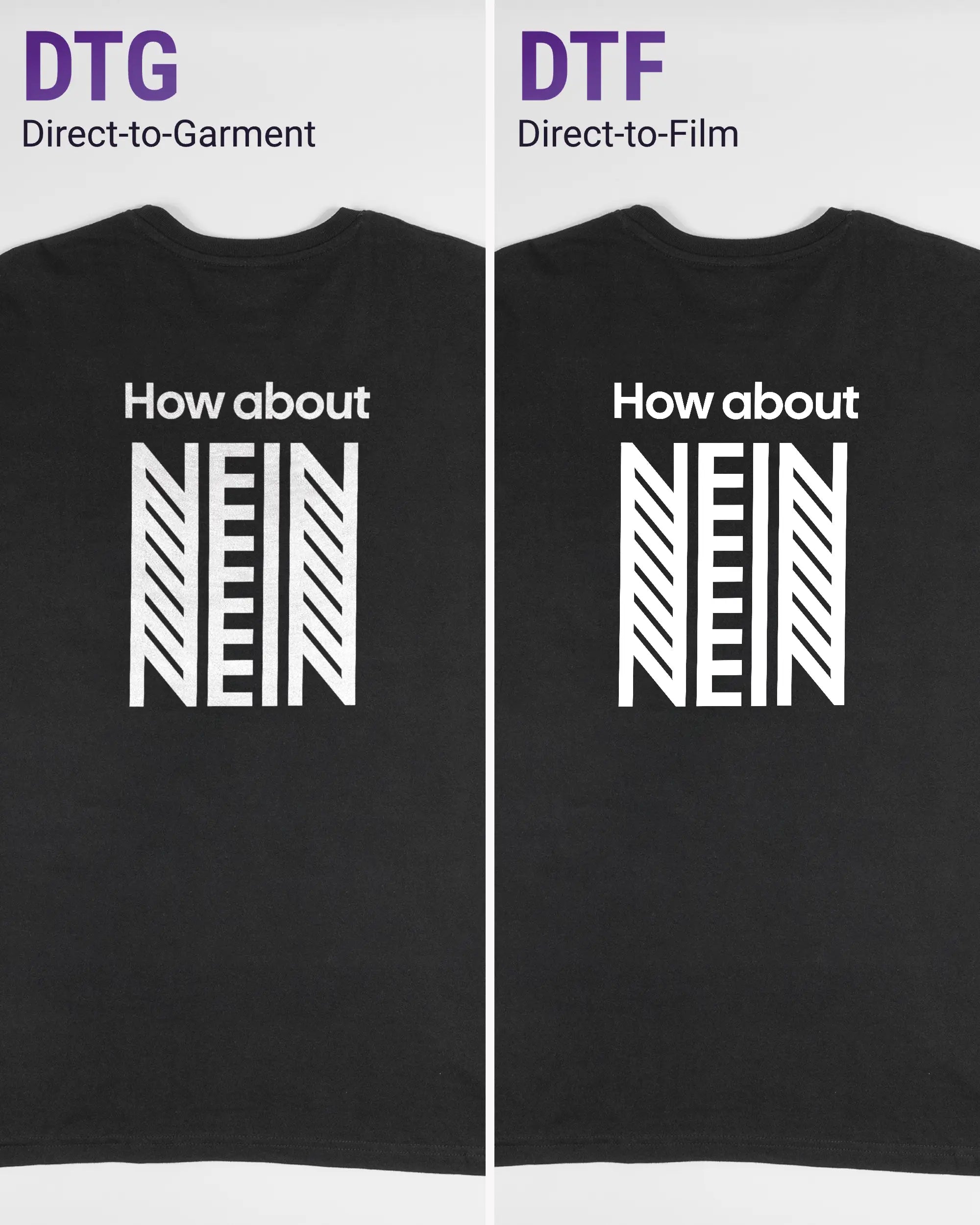 Vergleich der Rückseiten des Basic Unisex T-Shirt Soft von Maondo mit dem Design How about nein in der Farbe Black und in der Größe L links mit dem Direct-to-Garment und rechts mit dem Direct-to-Film Verfahren