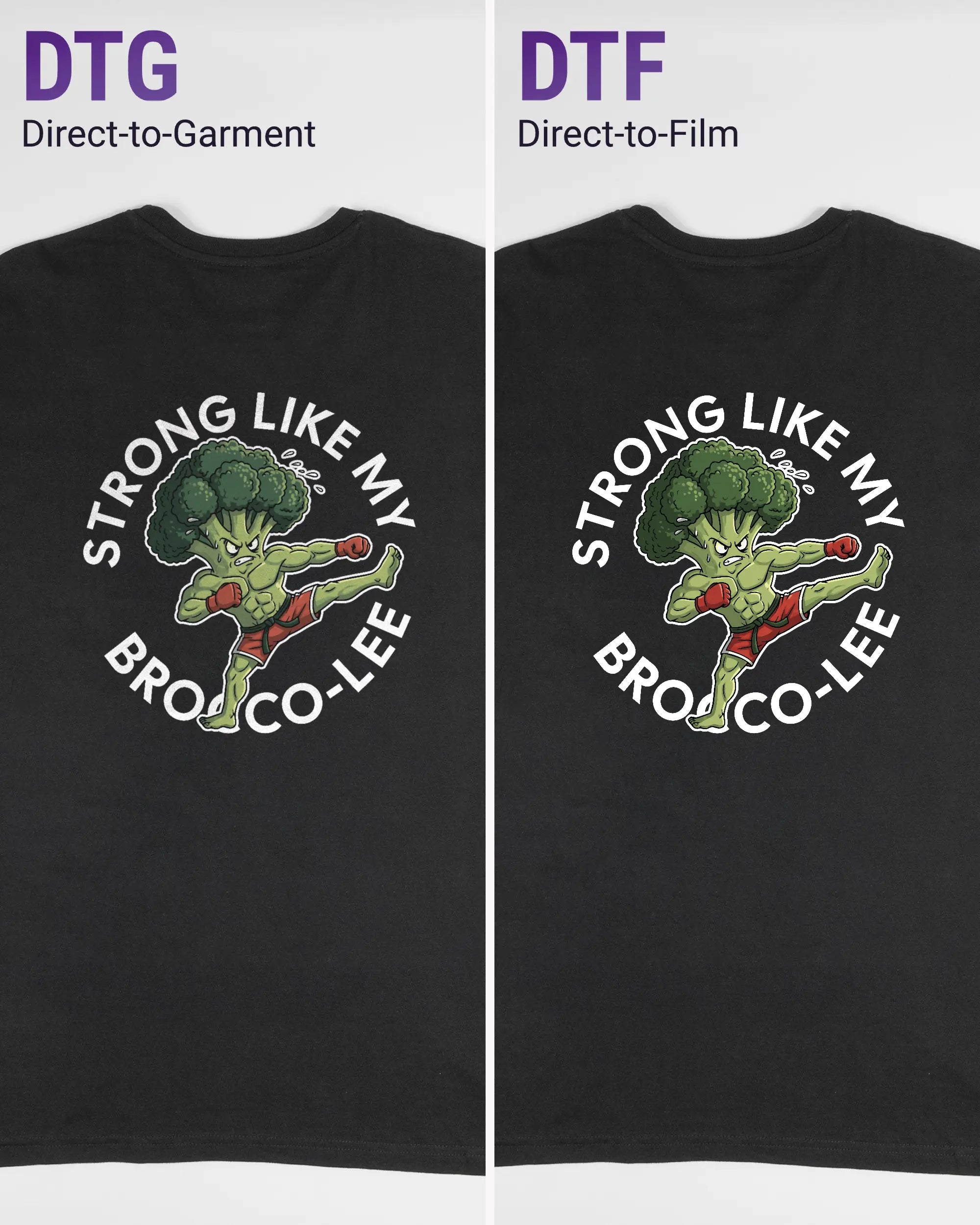 Vergleich der Rückseiten des Basic Unisex T-Shirt Soft von Maondo mit dem Design Brocco-Lee in der Farbe Black und in der Größe L links mit dem Direct-to-Garment und rechts mit dem Direct-to-Film Verfahren