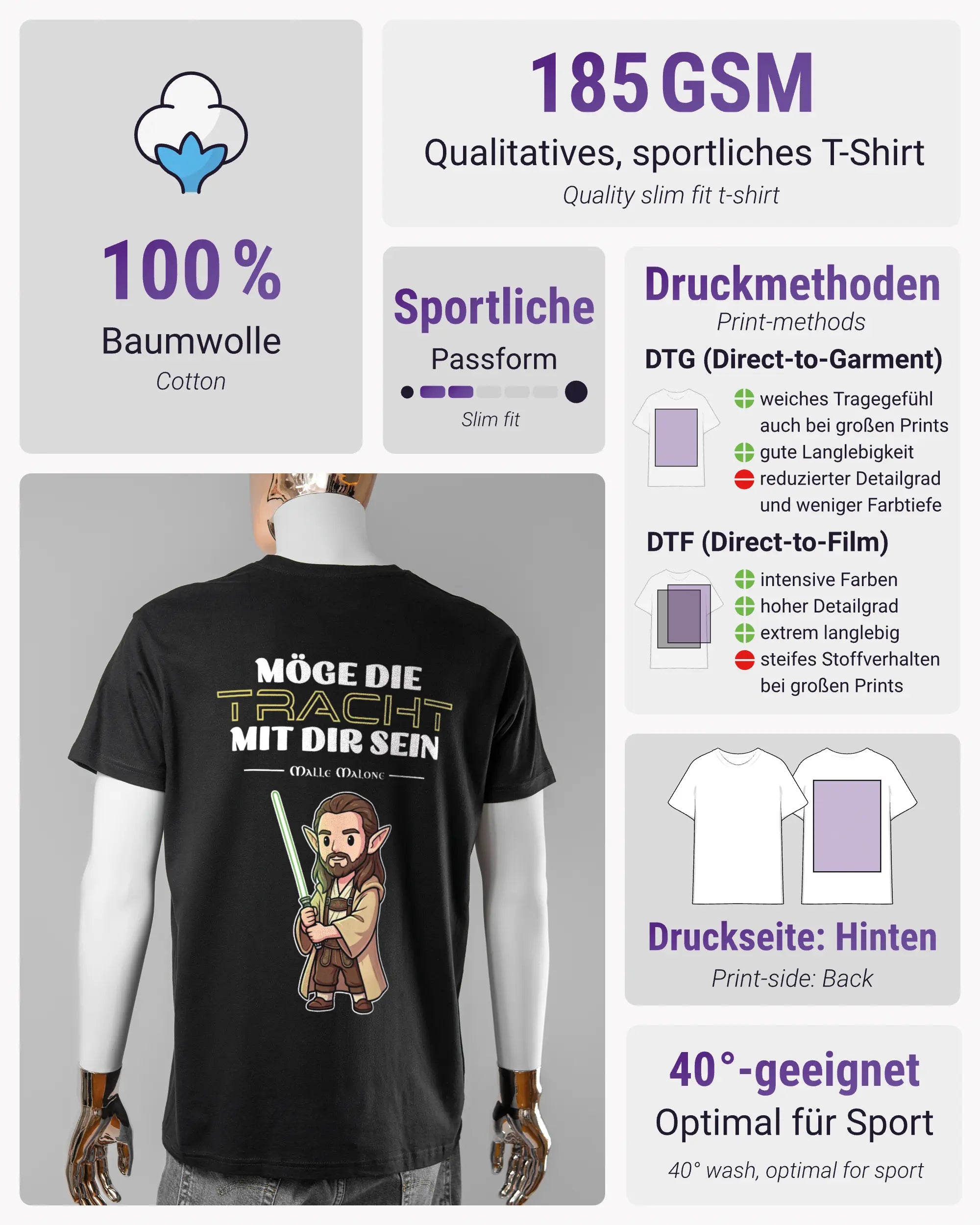 Produktinformationsblatt des Basic Unisex T-Shirt Soft von Maondo mit dem Design Tracht mit dir hinten in der Farbe Black und in der Größe L