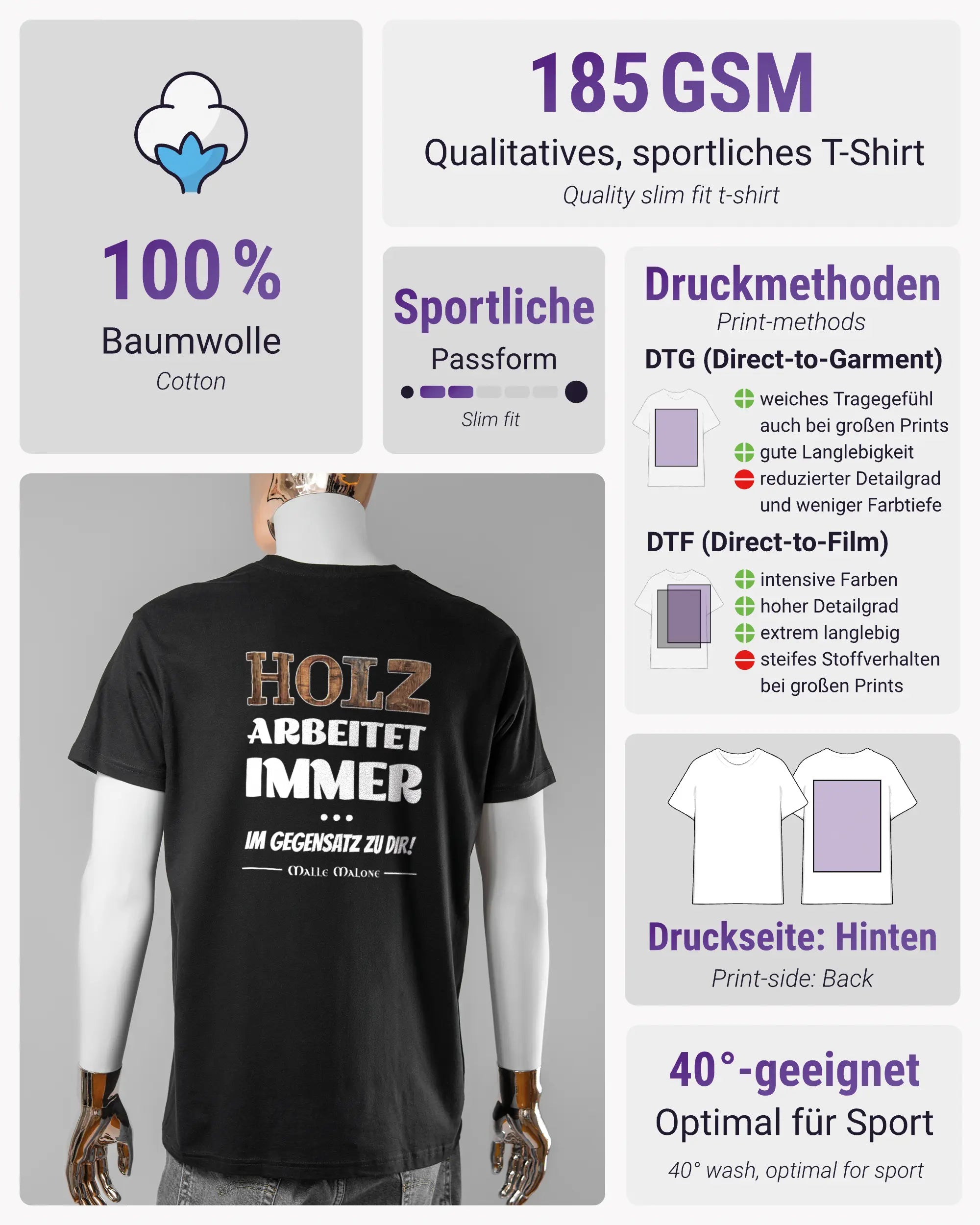 Produktinformationsblatt des Basic Unisex T-Shirt Soft von Maondo mit dem Design Holzarbeit hinten in der Farbe Black und in der Größe L