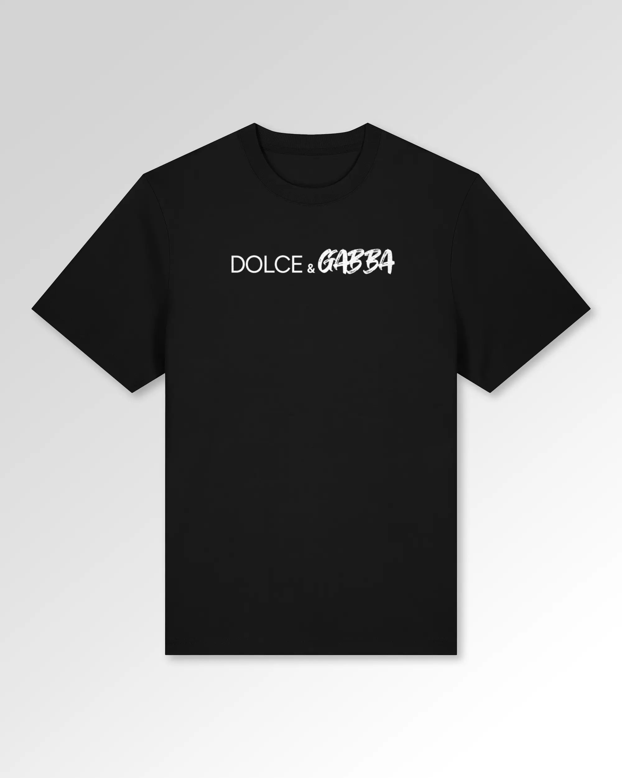 Packshot der Druckseite des Organic Unisex T-Shirts von Maondo im Heavy Fit mit dem Design Dolce & Gabba in der Farbe Black