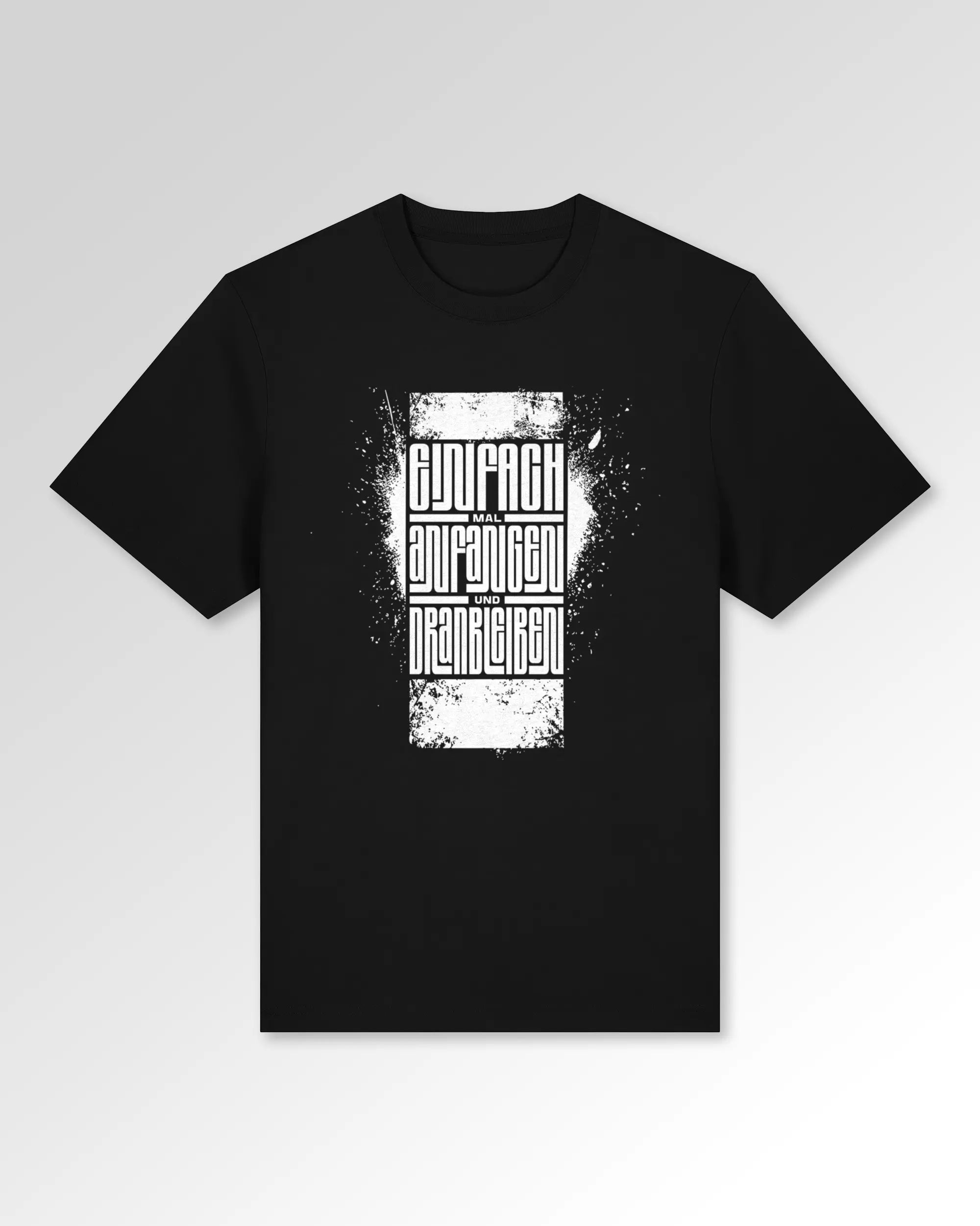 Packshot der Druckseite des Organic Unisex T-Shirts von Maondo im Heavy Fit mit dem Design Einfach Anfangen in der Farbe Black